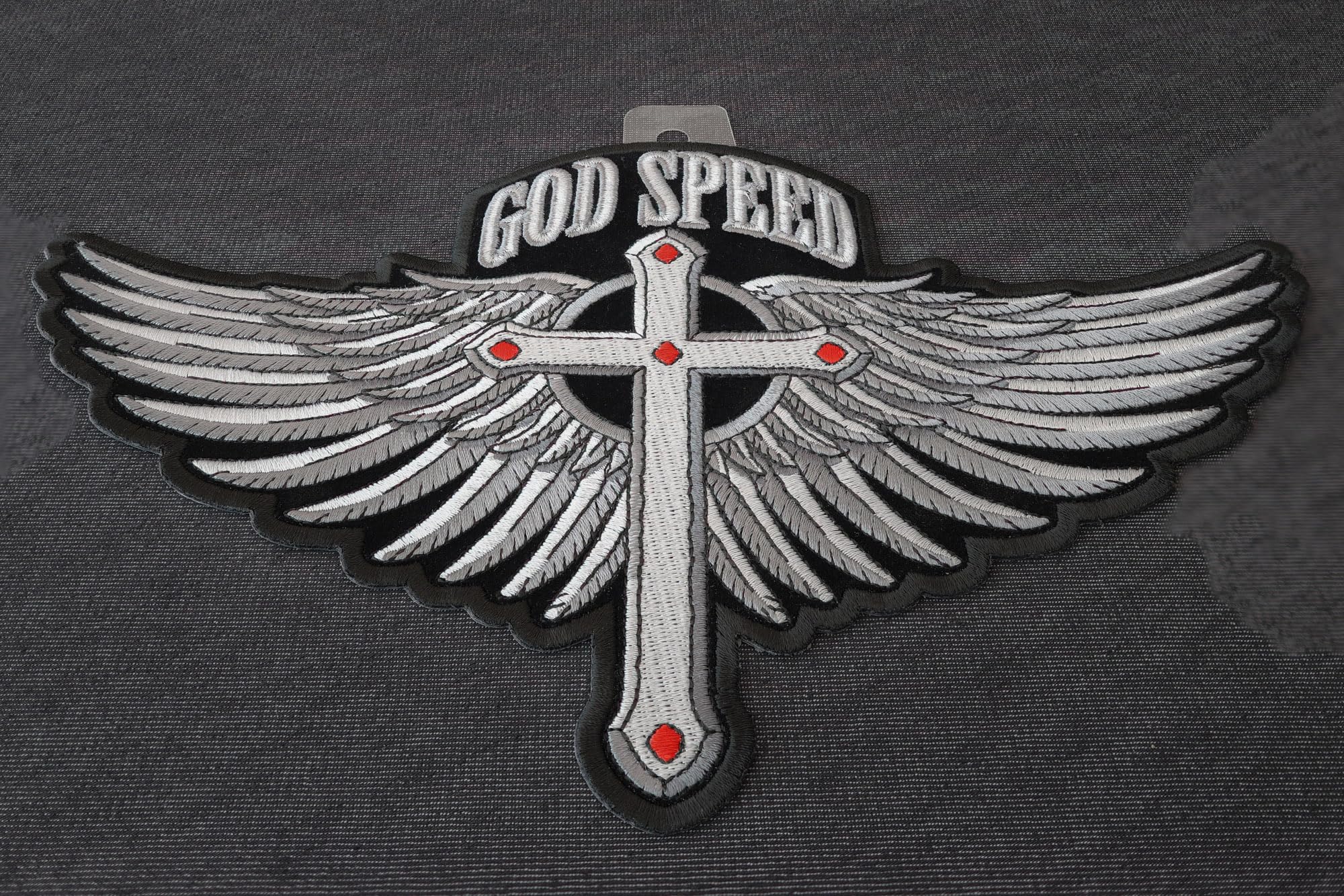 God Speed Cross and Wings Embroidered Patch - Large Christian Back Patch for Jackets, Vests & Bags - Religious & Biker Style Accessory
