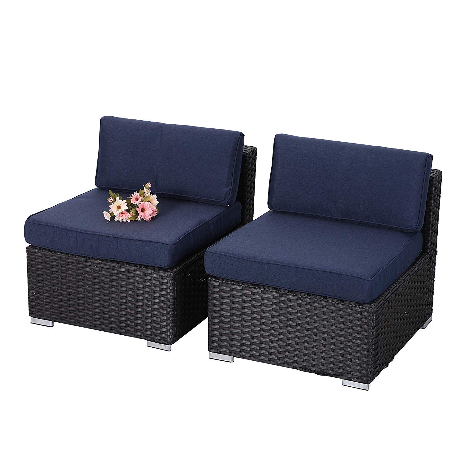 PHI VILLA 2-Piece Outdoor Sectional Sofa Set - Low-Back Rattan Wicker Patio Furniture with Additional Seat in Navy Blue | Perfect for Backyard, Poolside & Garden Relaxation
