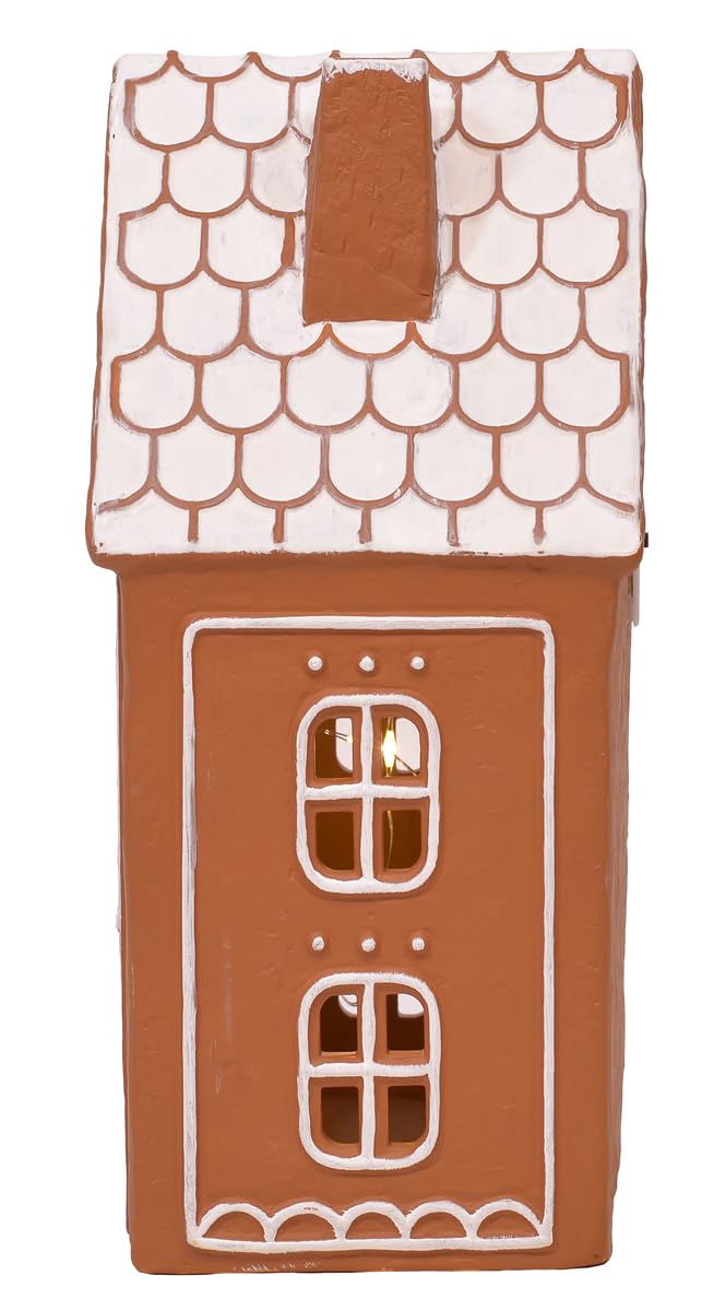Mark Feldstein & Associates Ceramic Iced Gingerbread House LED Village Figurines - Set of 2 (9 Inch) - Christmas Decorations for Home, Holiday Table Centerpiece & Winter Village Display