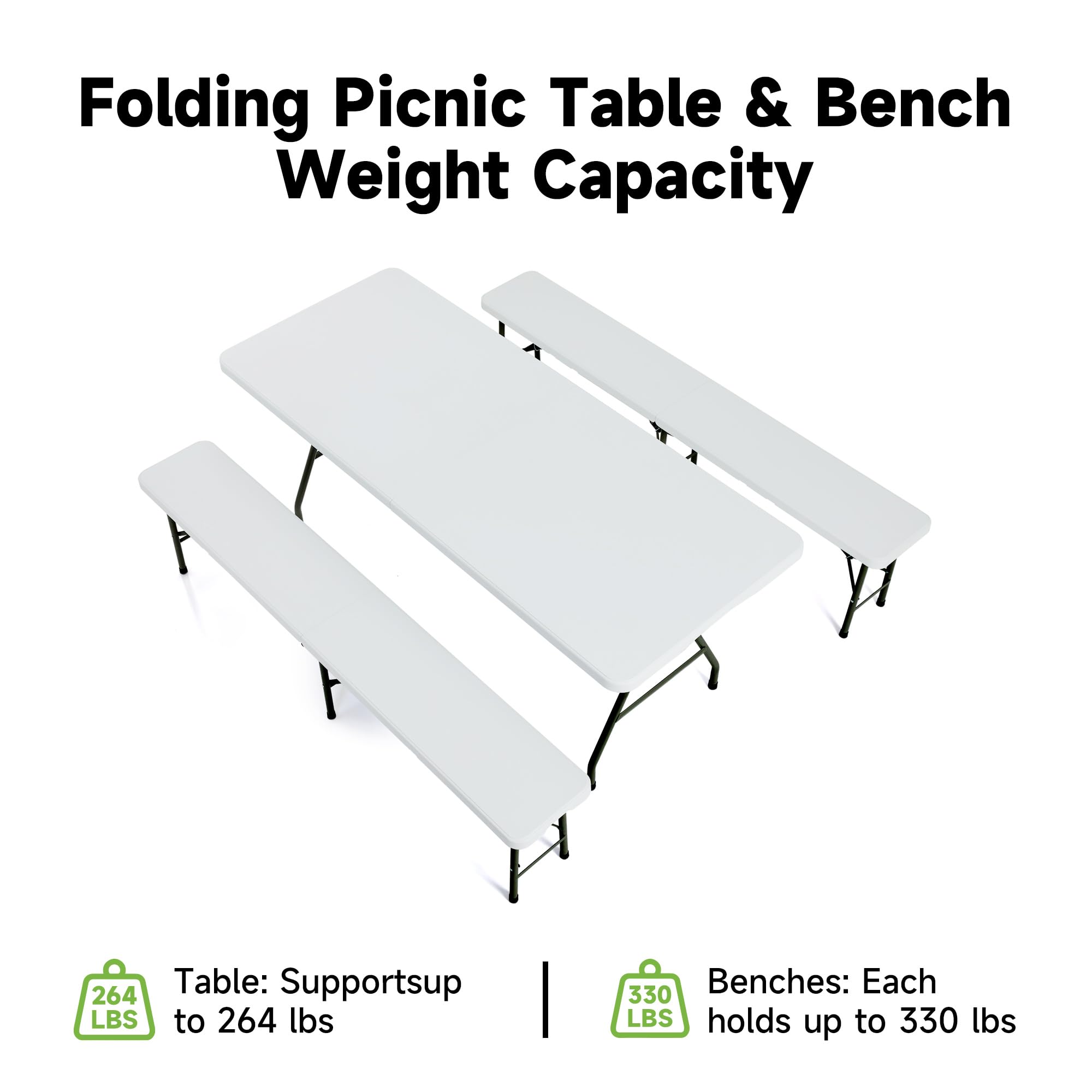 Real Relax 6-Foot Picnic Table Set with 2 Folding Benches | 3-Piece White HDPE Portable Outdoor Dining Set for Camping, Backyard, Garden, Parties & Picnics | Perfect for Family Gatherings, BBQs, and Outdoor Entertaining