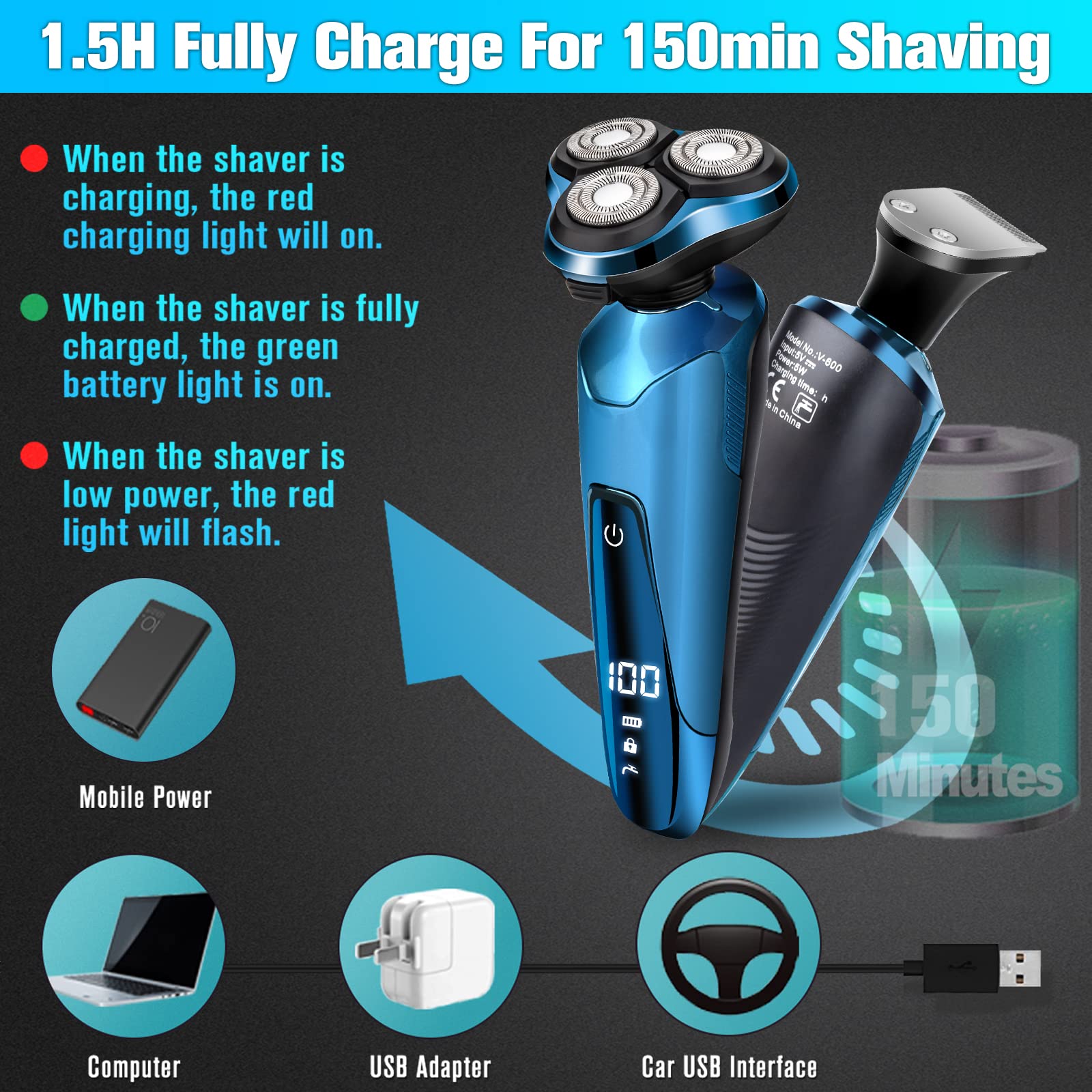 Best Electric Razor for Men - Waterproof Cordless Rotary Shaver with LED Display, Wet/Dry Use, Replaceable Blades - Perfect for Travel & Daily Shaving at Home