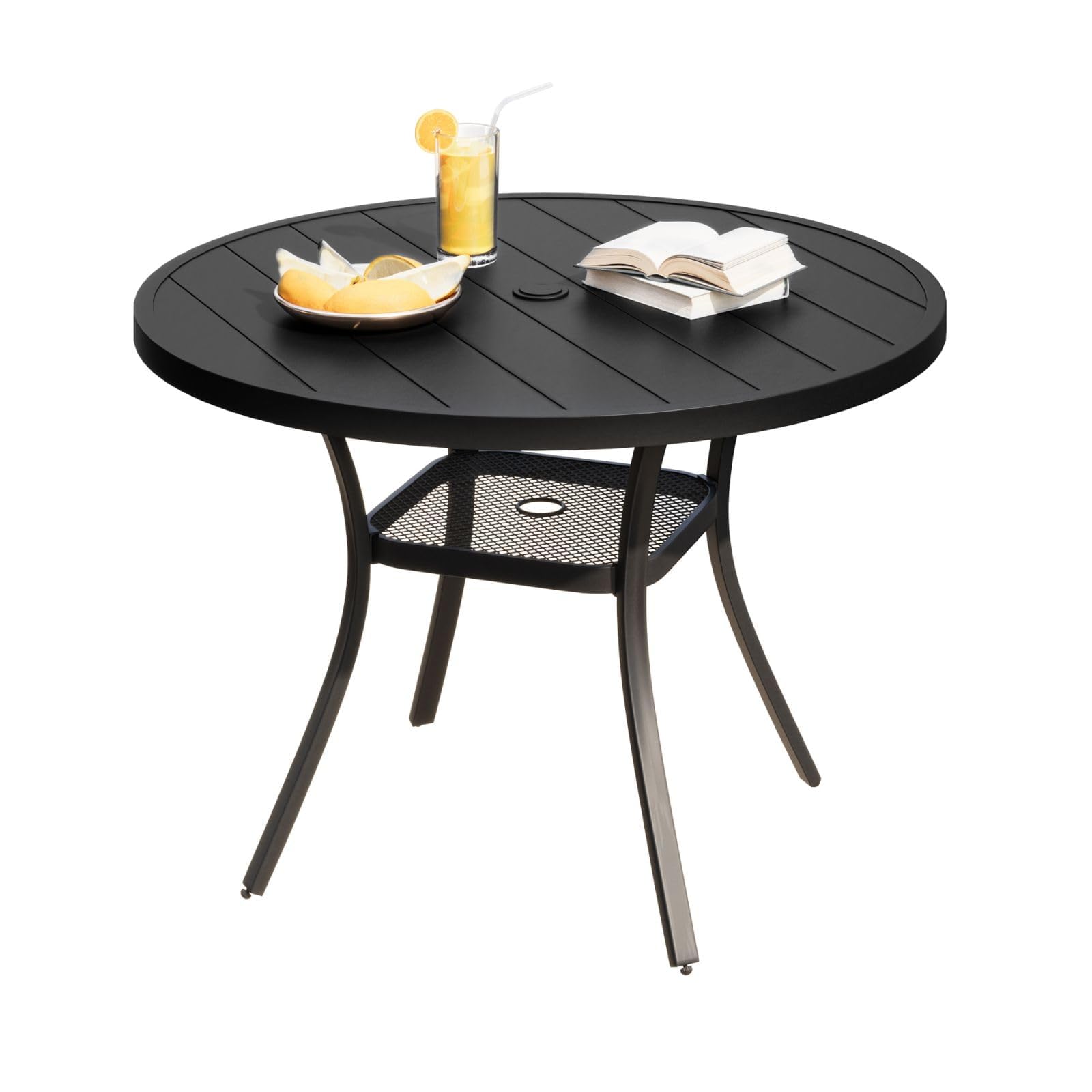 DIFY 4-Person Round Outdoor Dining Table with Umbrella Hole - Weatherproof Patio Table for Garden, Backyard, Porch & Balcony - Perfect for BBQs, Poolside Dining & Outdoor Entertaining (Black)
