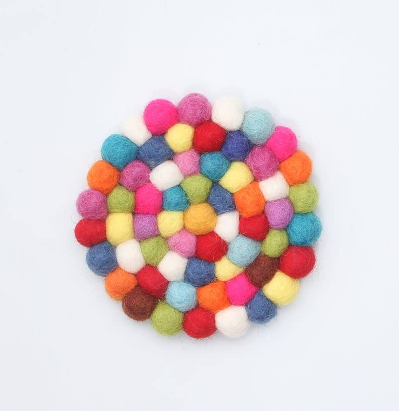 Handmade Wool Felt Ball Coasters Set of 4 - Non-Slip Round Pom Pom Drink Coasters for Hot & Cold Beverages - Perfect Housewarming Gift, Dining Table Decor, Tea Cup & Coffee Mug Mats - Great for Parties, Home Decor & Office Use