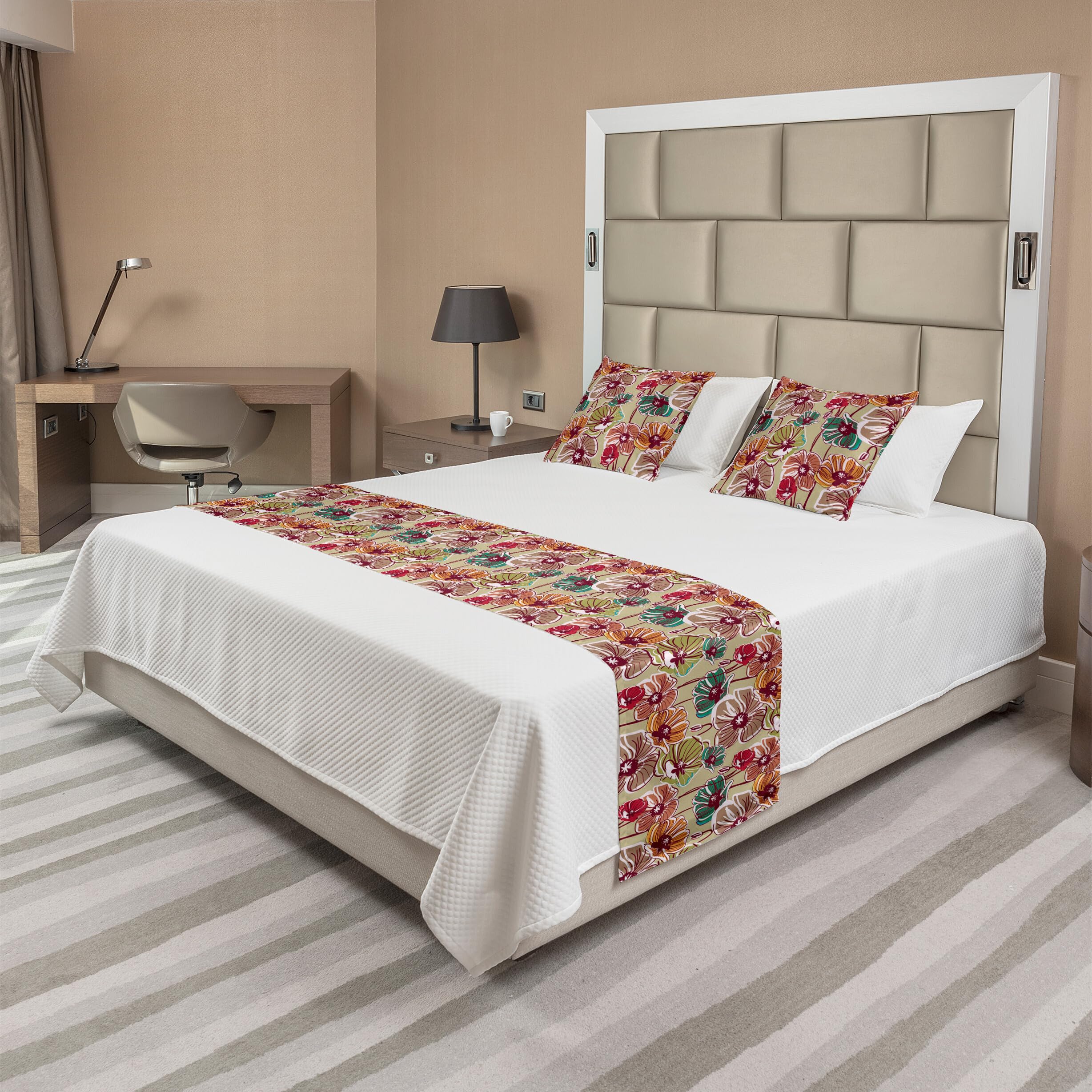 Ambesonne Earth Tones Bed Runner Set with Flourishing Poppy Flowers - Botanical Drawing Style Decorative Bedding Scarf & 2 Pillow Shams for Hotels & Homes - Multicolor Home Decor for Bedroom, Guest Room & Airbnb Styling