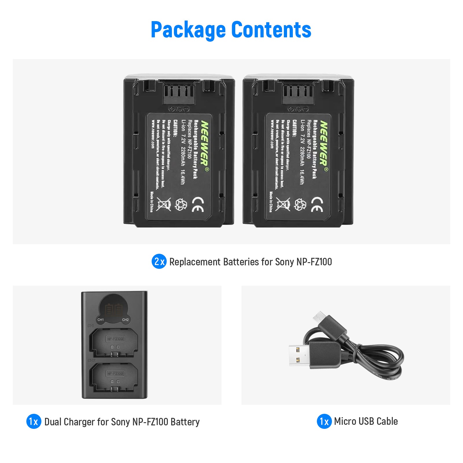NEEWER NP-FZ100 Replacement Battery Charger Set for Sony Cameras - Compatible with Sony A7 III, A7R III, A9 & More - Perfect for Travel, Vlogging & Professional Photography