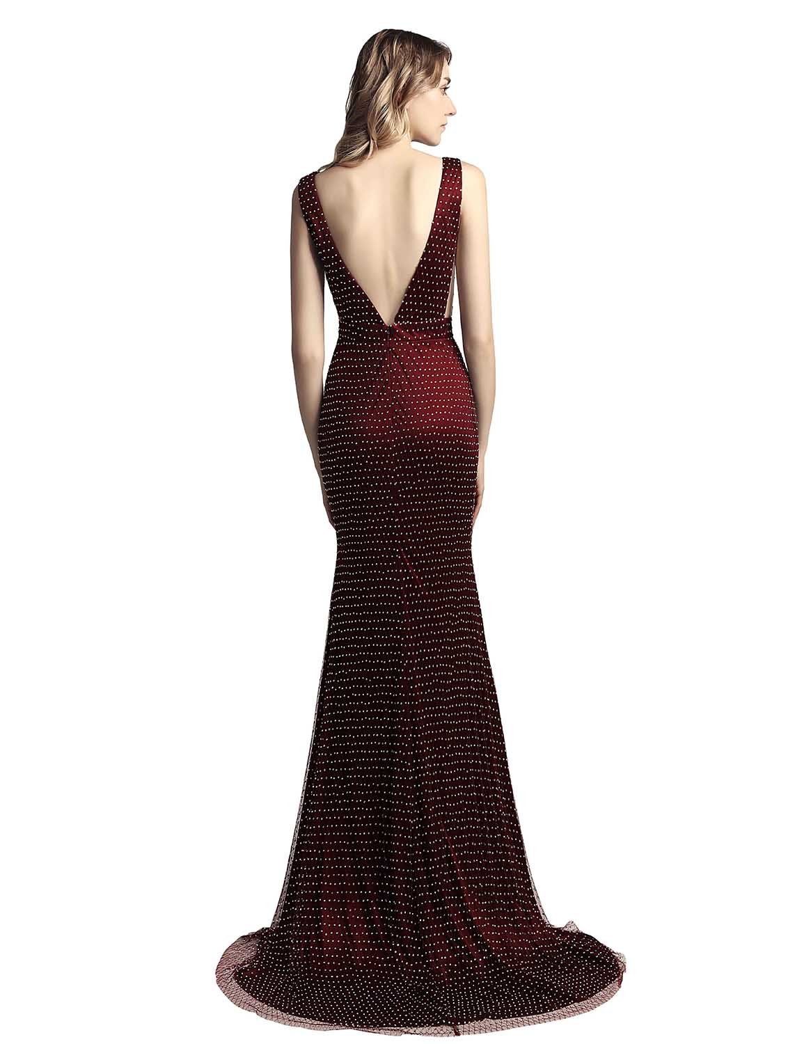 Sarahbridal Women's Deep V-Neck Mermaid Prom Dress - Long Satin Beaded Evening Gown in Burgundy for Homecoming, Wedding Guest & Formal Events