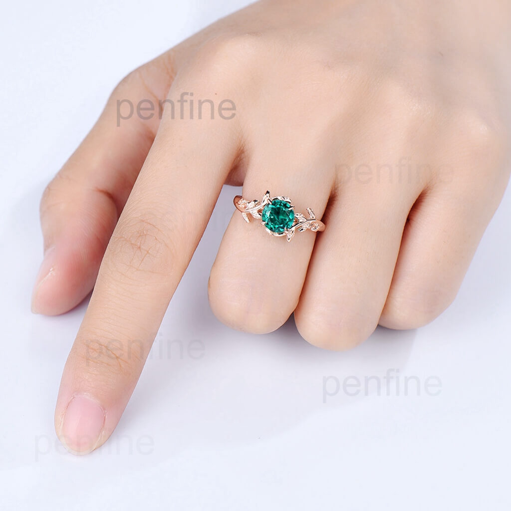 1 Carat Round Cut Emerald Solitaire Engagement Ring with Filigree Leaf Design - Perfect for Proposals, Anniversaries & Special Occasions