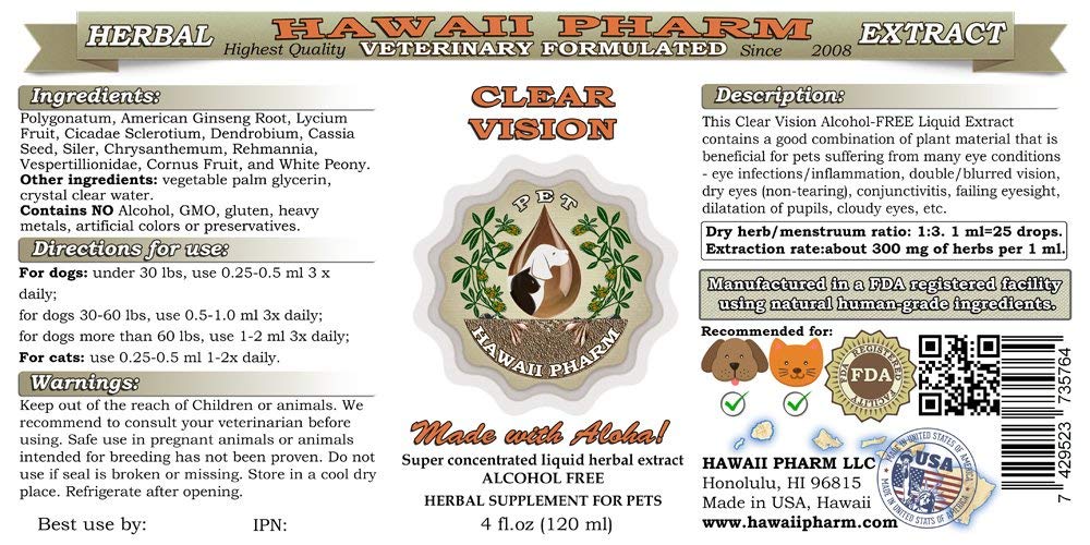 Hawaii Pharm Clear Vision Alcohol-Free Liquid Extract for Pets - Natural Herbal Supplement for Eye Health in Dogs & Cats (4x4 oz) - Supports Vision & Eye Care for Senior Pets