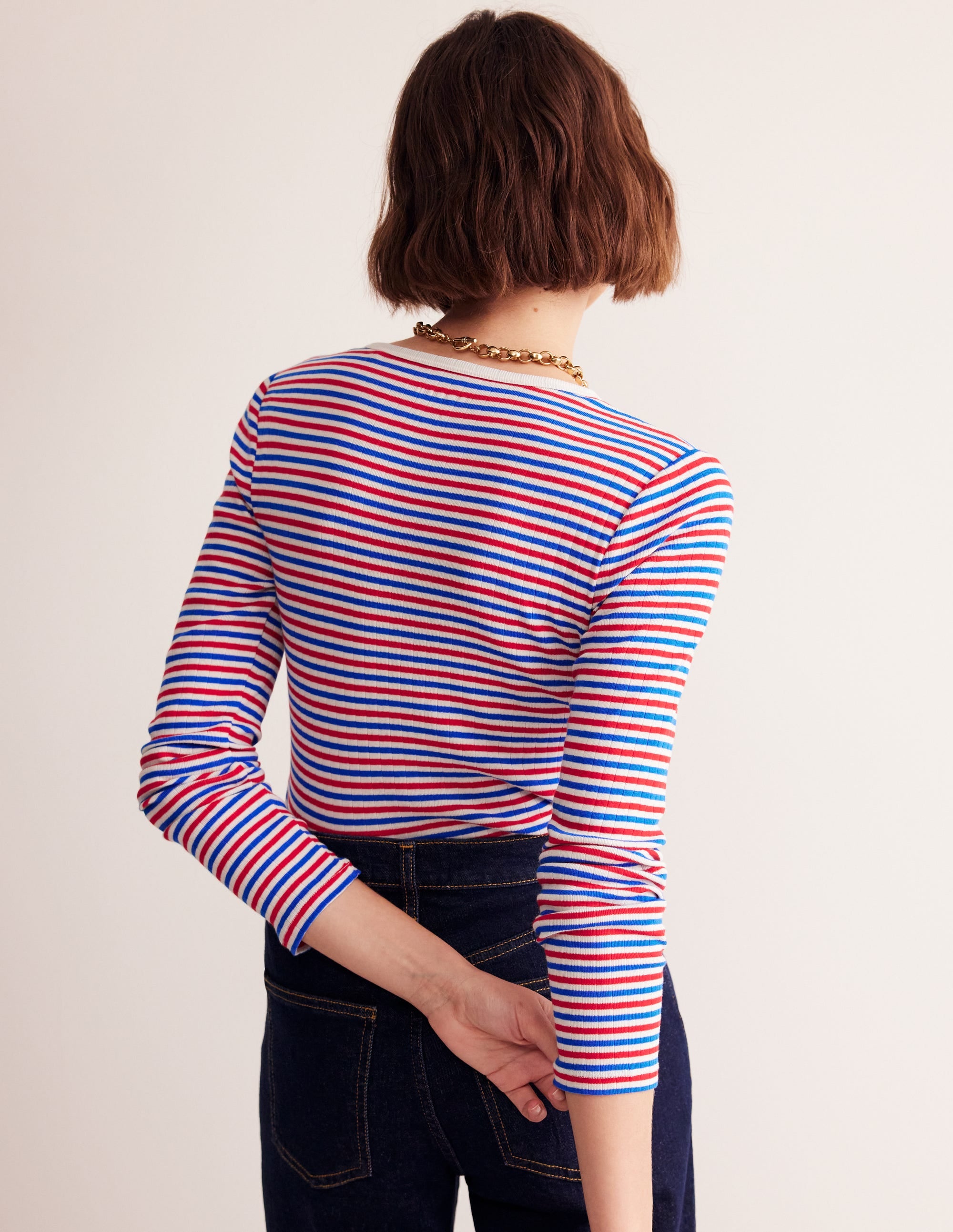 Anna Rib Long Sleeve T-Shirt for Women - Red & Blue Striped Cotton Crewneck Top | Casual Wear, Layering Essential, Office Outfit
