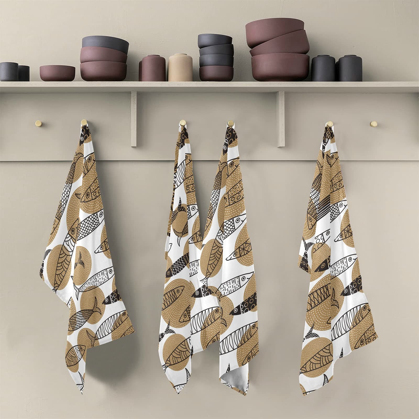 Poeticcity Handmade Tribal Fish Design Kitchen Dish Towel - Set of 1 Brown Ethnic Waffle Weave Dishcloth with Hanging Loop, Polyester Tea Towel for Drying Dishes, Bar Mop & Counter Cleaning | Perfect for Farmhouse, Boho & Coastal Kitchen Decor