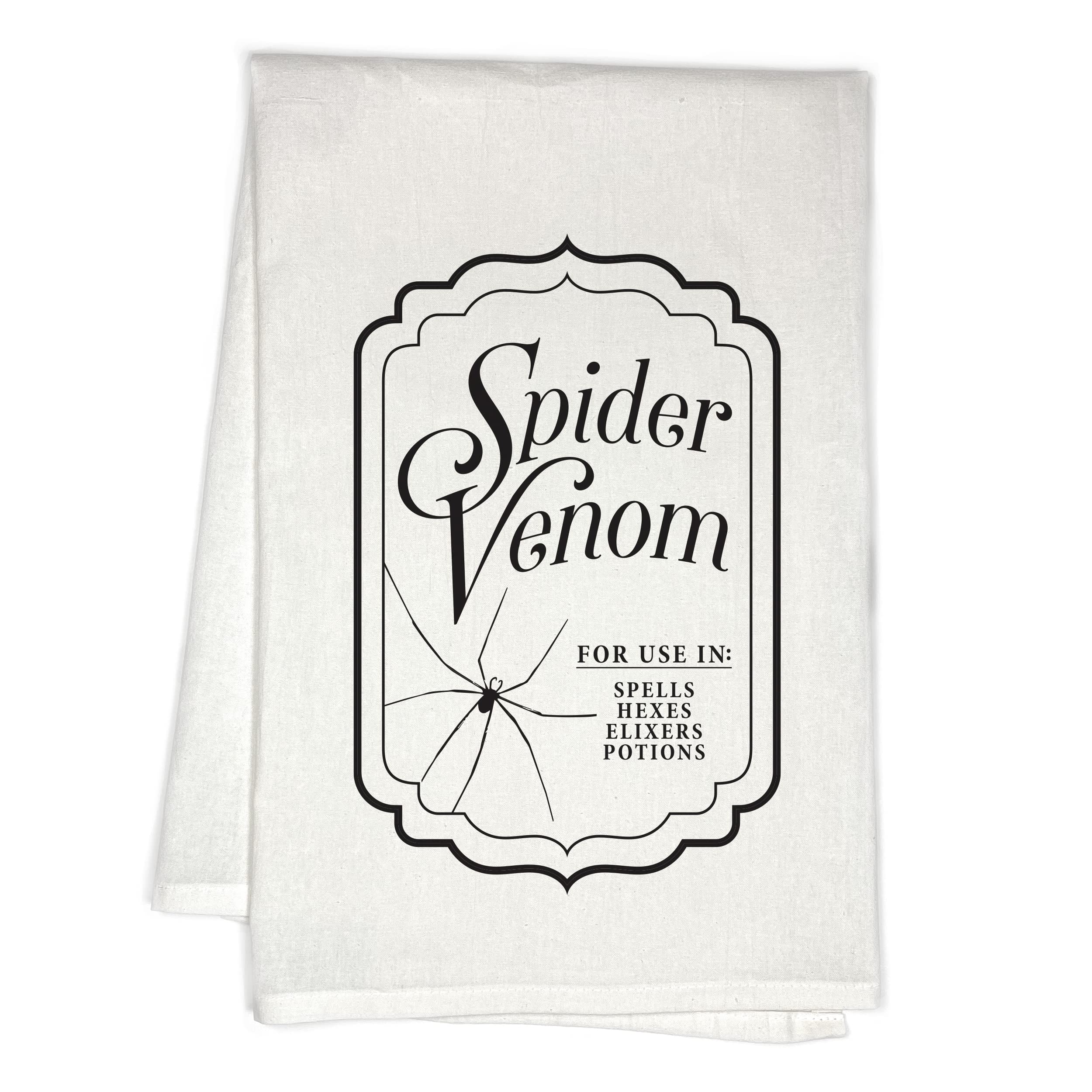 Spooky Spider Venom Halloween Kitchen Towel - Scary Flour Sack Dishcloth - White Hand Towel for Cooking, Baking & Halloween Party Decor (13x18 Inches)