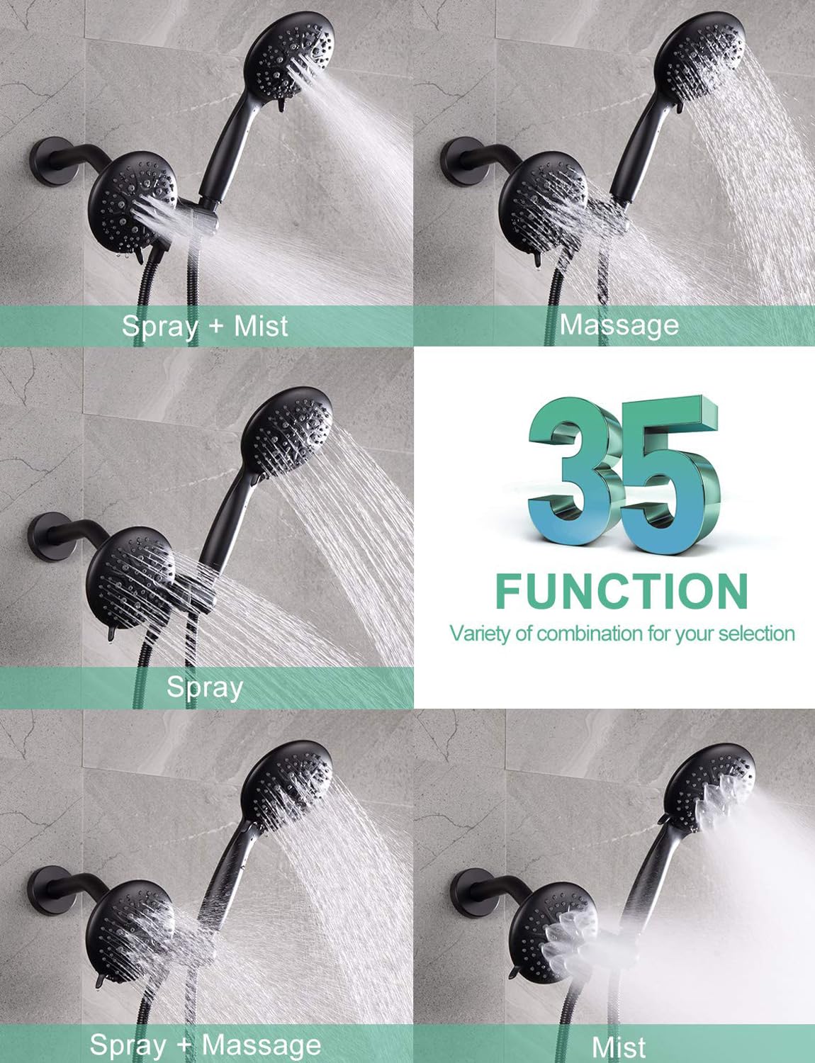 SR SUN RISE 35-Function Dual 2-in-1 Shower System with Tub Spout - Matte Black Single Handle Tub & Shower Faucet Combo Set with Patented 3-Way Diverter (Valve Included) - Perfect for Bathroom Remodeling & Modern Home Upgrade