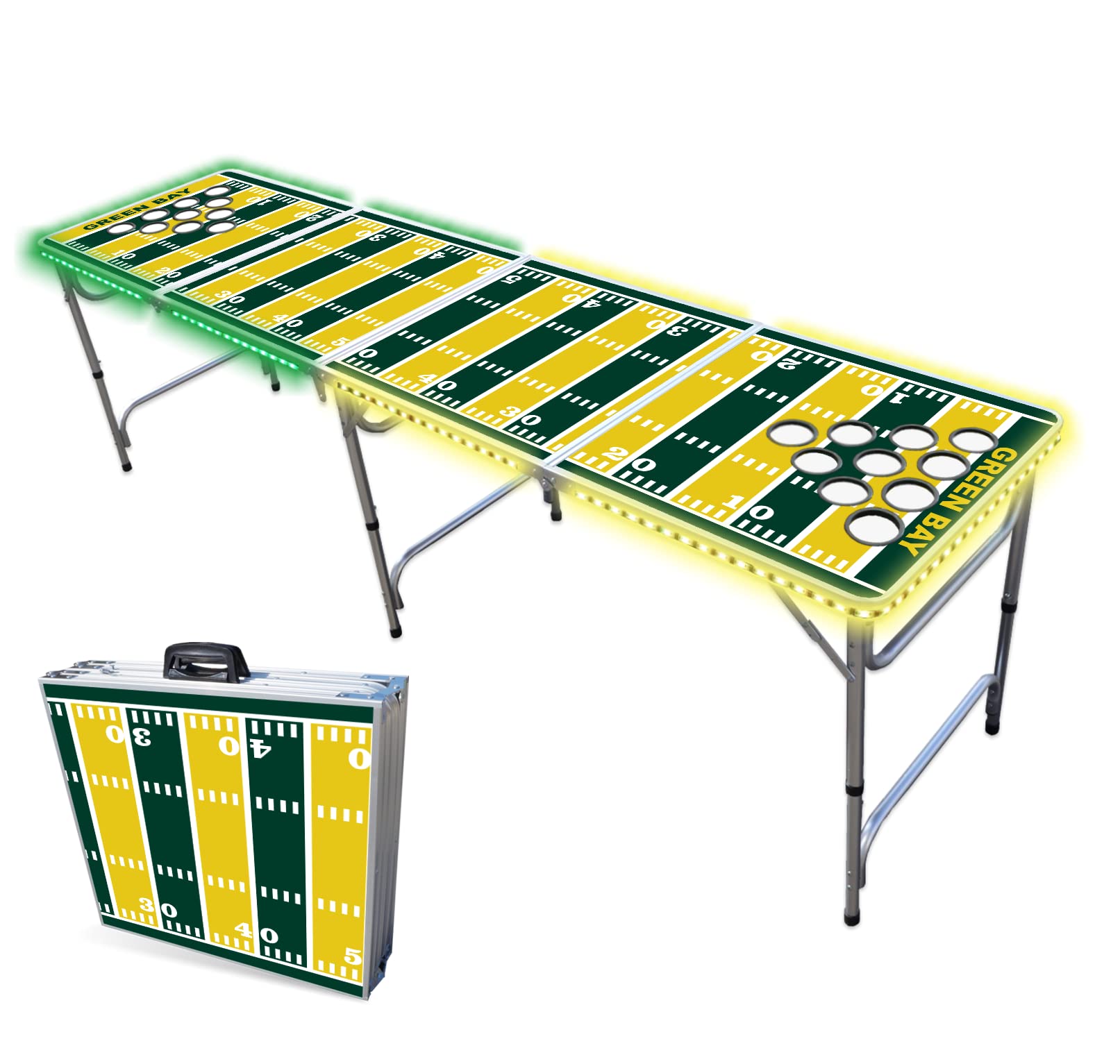 8-Foot Folding Portable Beer Pong Table with Optional Cup Holes & LED Lights - Green Bay Packers Football Field Design | Perfect for Tailgate Parties, College Dorms & Backyard Games (Choose Your Model)