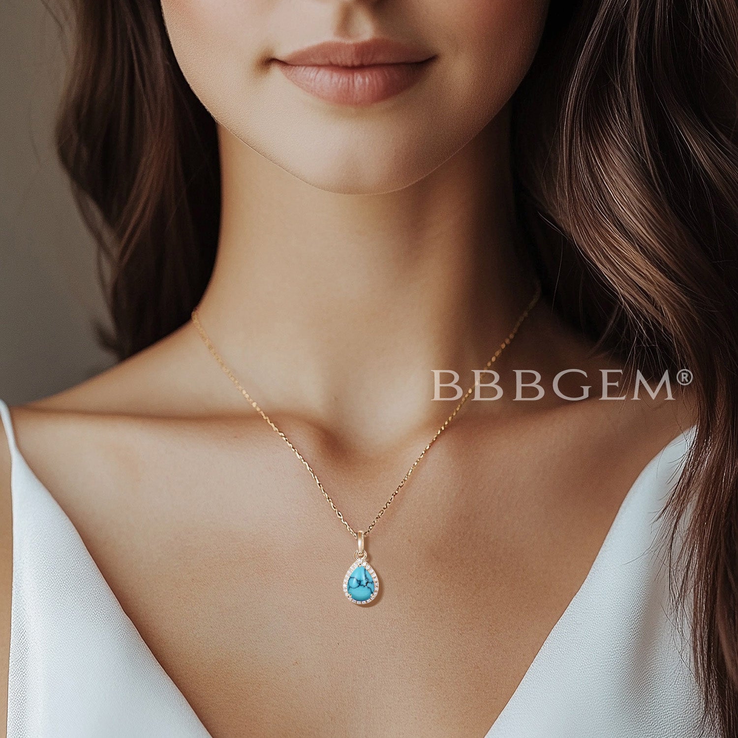 14K Gold Halo Diamond Pendant with Natural Turquoise Stone - Elegant Teardrop Necklace for Women | Perfect for Weddings, Anniversaries & Special Occasions