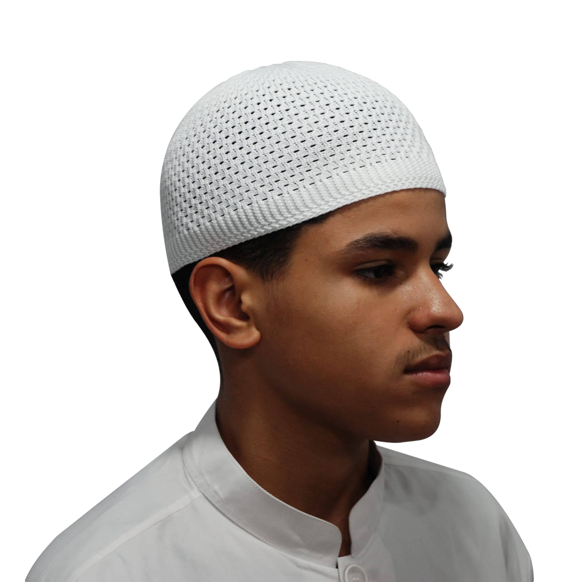 White Open-Weave Nylon Stretchy Kufi Hat - Breathable Skull Cap Beanie for Men & Women - Perfect for Prayer, Sports & Outdoor Activities