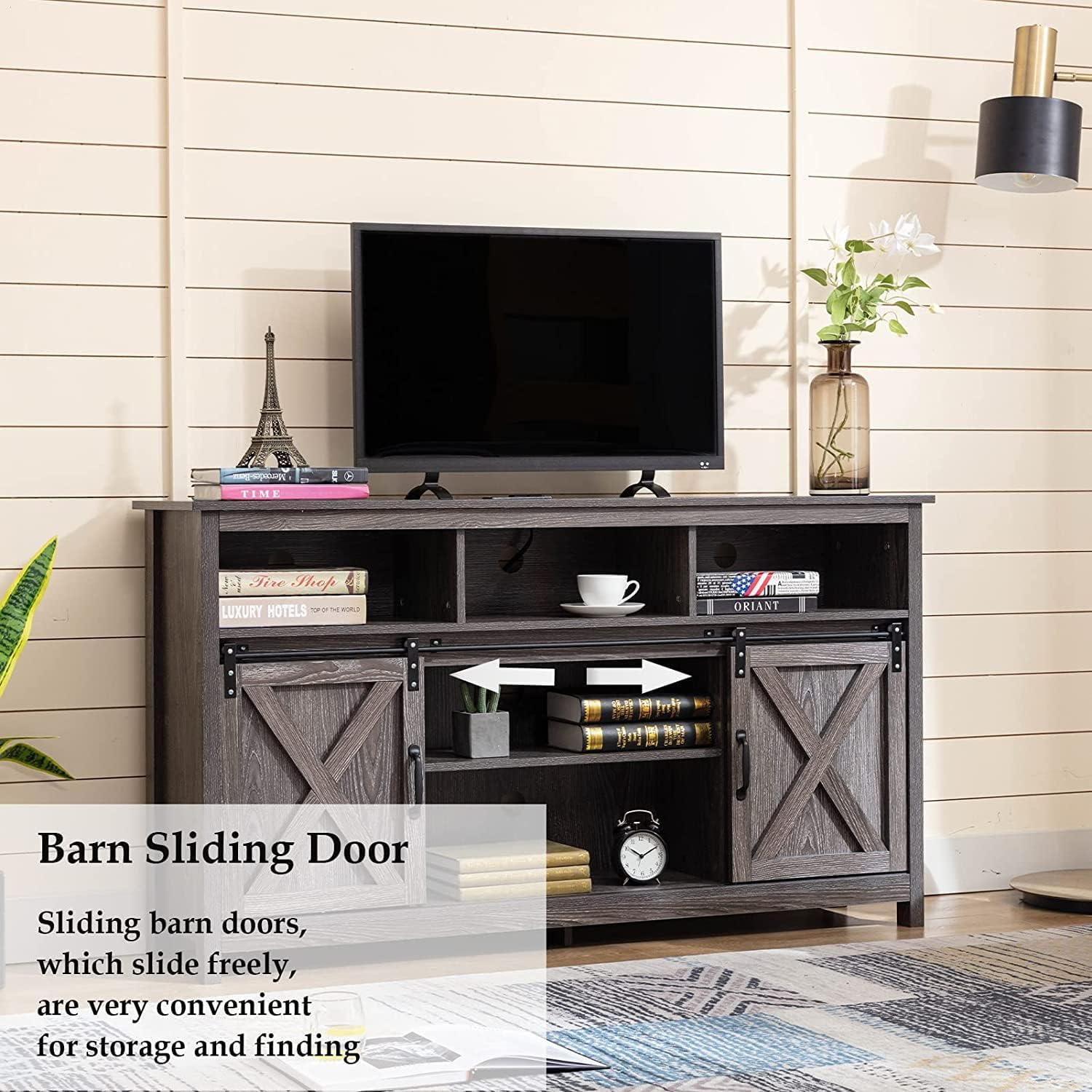 Vinctik 57-Inch Farmhouse TV Stand with Sliding Barn Doors - Wooden Entertainment Center for 60-65 Inch TVs, Double Layer Storage Cabinet with Built-in Power Outlets (Grey Wash) - Perfect for Living Room, Bedroom & Home Theater Setup