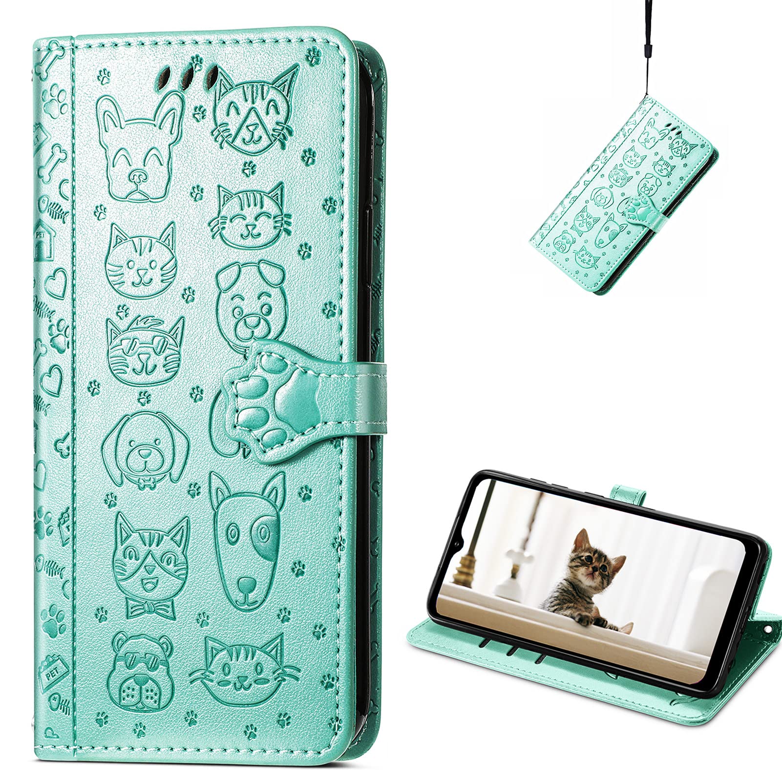 Cute Cartoon Wallet Case for Samsung Galaxy S22 Ultra - Cat & Dog Design Flip Cover with ID Card Holder, PU Leather Protective Phone Case (MG Green) | Perfect for Daily Use, Travel & Hands-Free Convenience