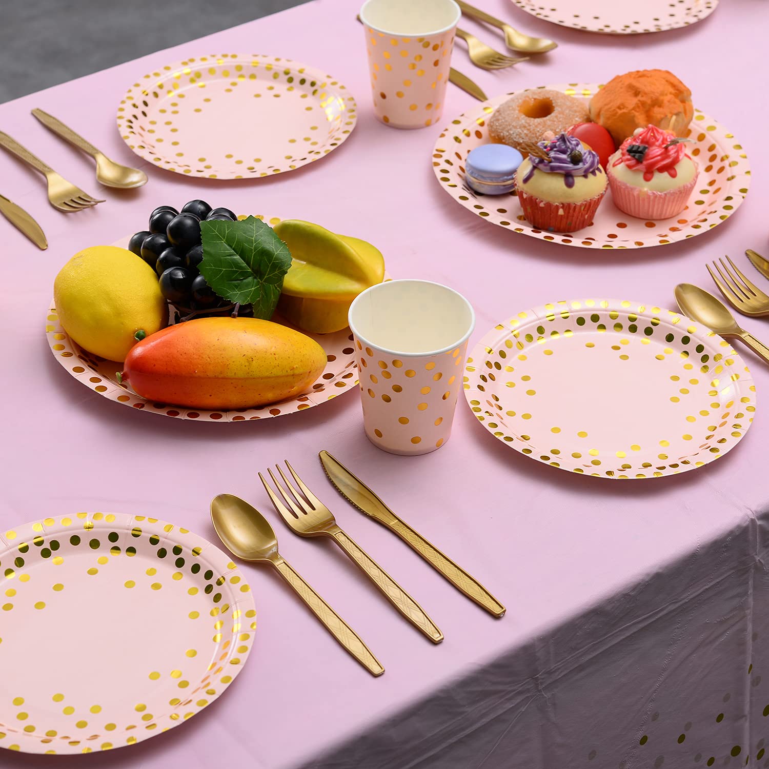201-Piece Pink & Gold Party Supplies Set - Disposable Dinnerware for 25 Guests, Includes Pink Paper Plates, Cups, Napkins with Gold Dots & Gold Plastic Cutlery - Perfect for Baby Showers, Weddings, Bridal Showers & Birthday Parties (Elegant Pink & Gold Theme)