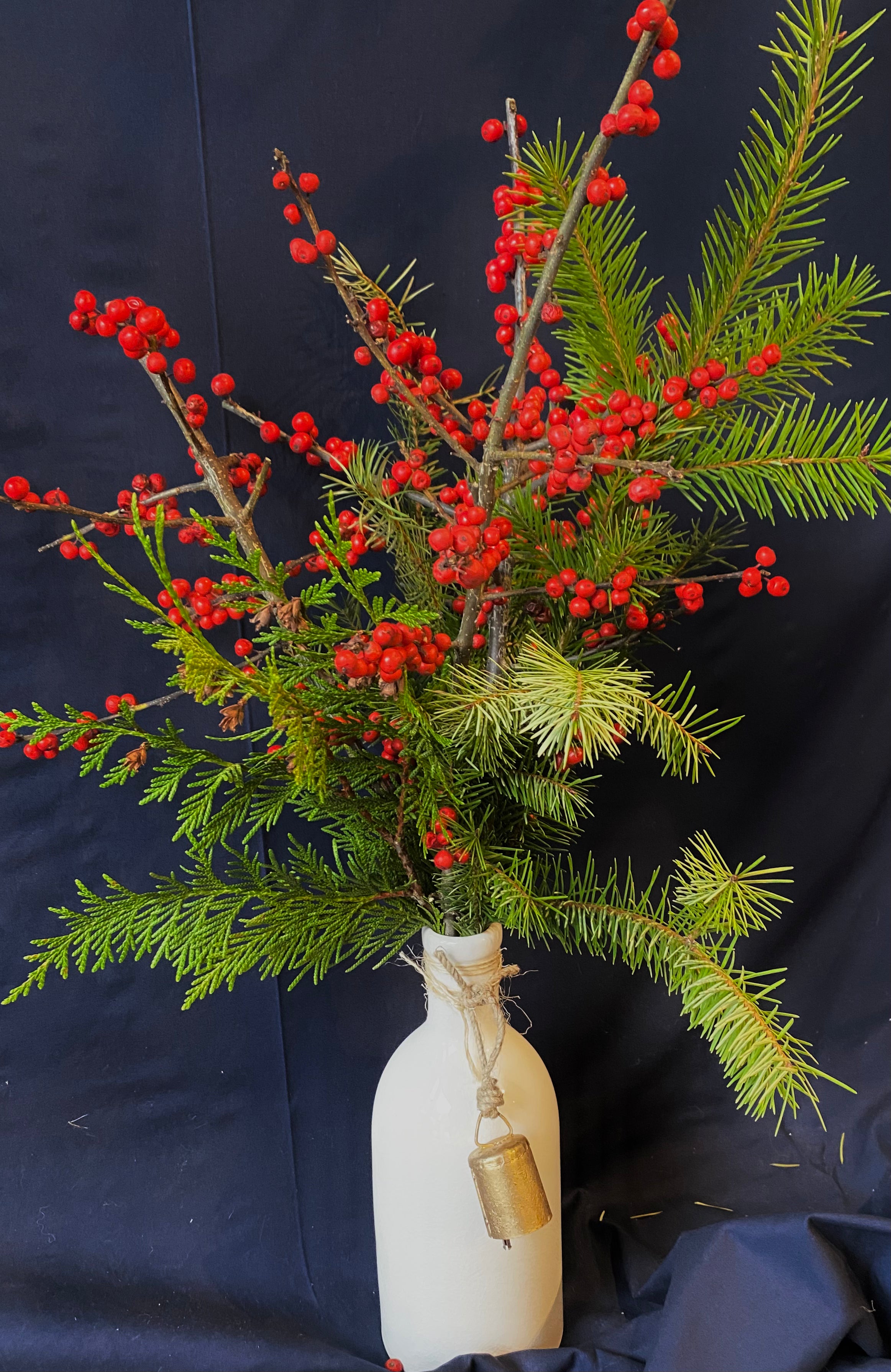 White Bottle with Greenery Berries and Bell Ornament - Elegant Home Decor for Christmas, Weddings, and Holiday Centerpieces