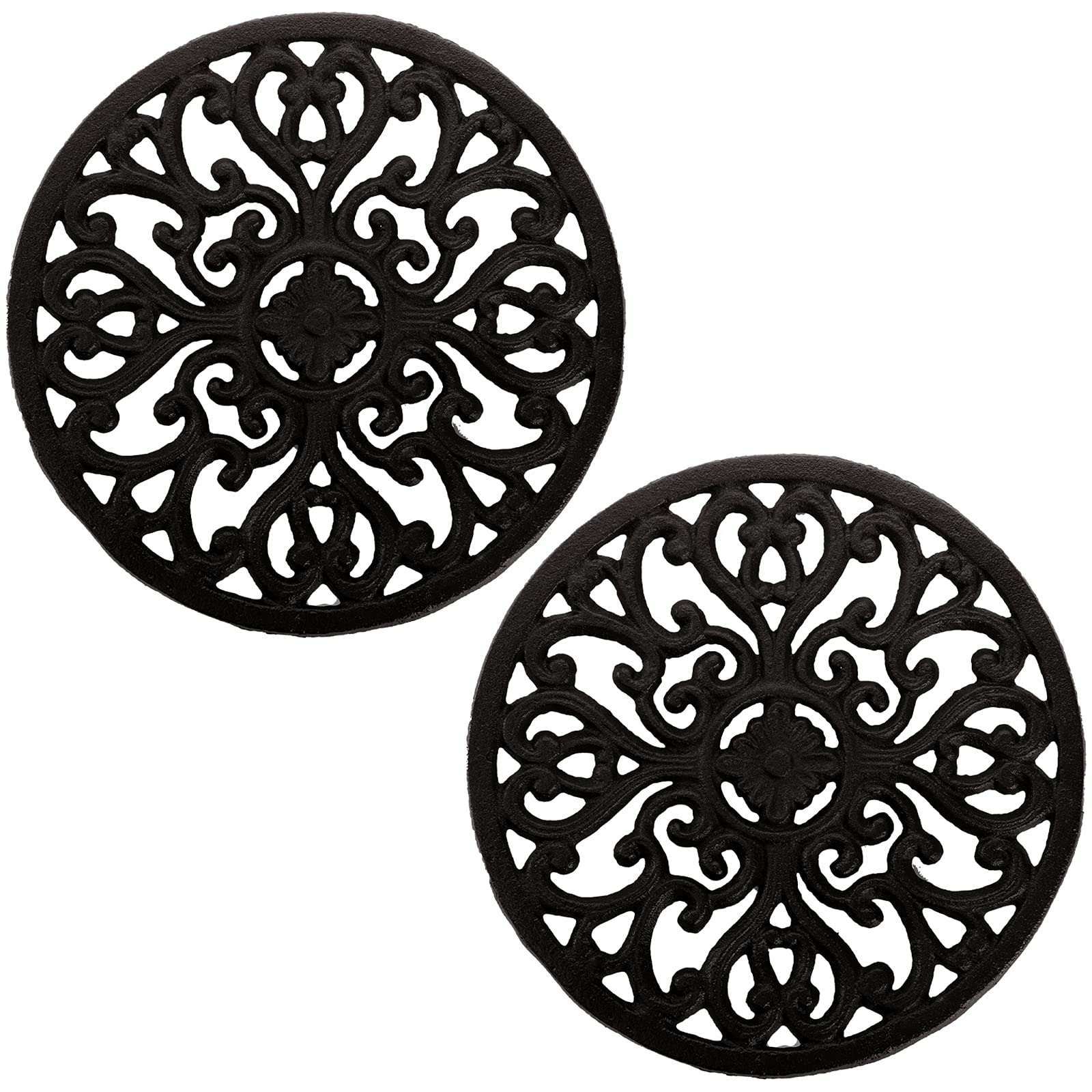 Vintage Cast Iron Trivet Set of 2 - 6.8 Inch Round Heat Resistant Trivets with Rubber Feet for Hot Pots, Pans & Teapots - Perfect for Kitchen Countertops, Dining Tables & Outdoor Entertaining