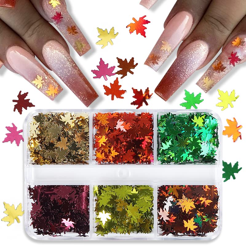 6 Grids Fall Nail Art Glitter Sequins - 3D Maple Leaf Nail Glitter Flakes, Holographic Nail Stickers for Autumn & Thanksgiving - DIY Acrylic Nail Decorations (Perfect for Halloween, Thanksgiving Parties & Seasonal Nail Art Designs)