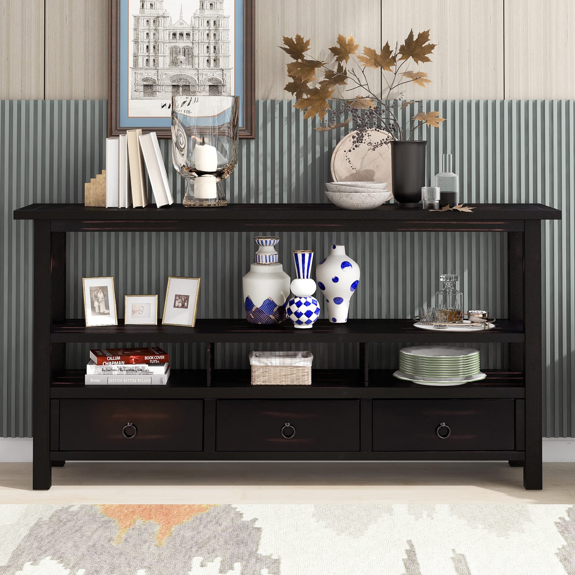 Vintage Style Merax Entryway Console Table with Double Tier Tabletop, 3 Shelves & 3 Drawers - Hallway Sofa Table for Living Room, Foyer & Entryway Decor (Black) - Perfect for Small Space Organization & Home Décor