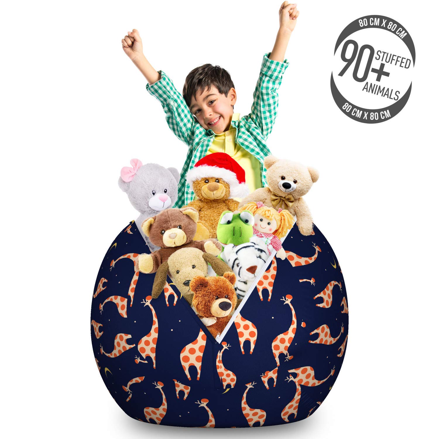 Ambesonne Giraffe Pattern Storage Toy Bag Chair - Funny Animal Design on Night Sky - Large Washable Stuffed Animal Organizer in Dark Orange & Navy Blue - Perfect for Kids' Room Organization & Playroom Storage