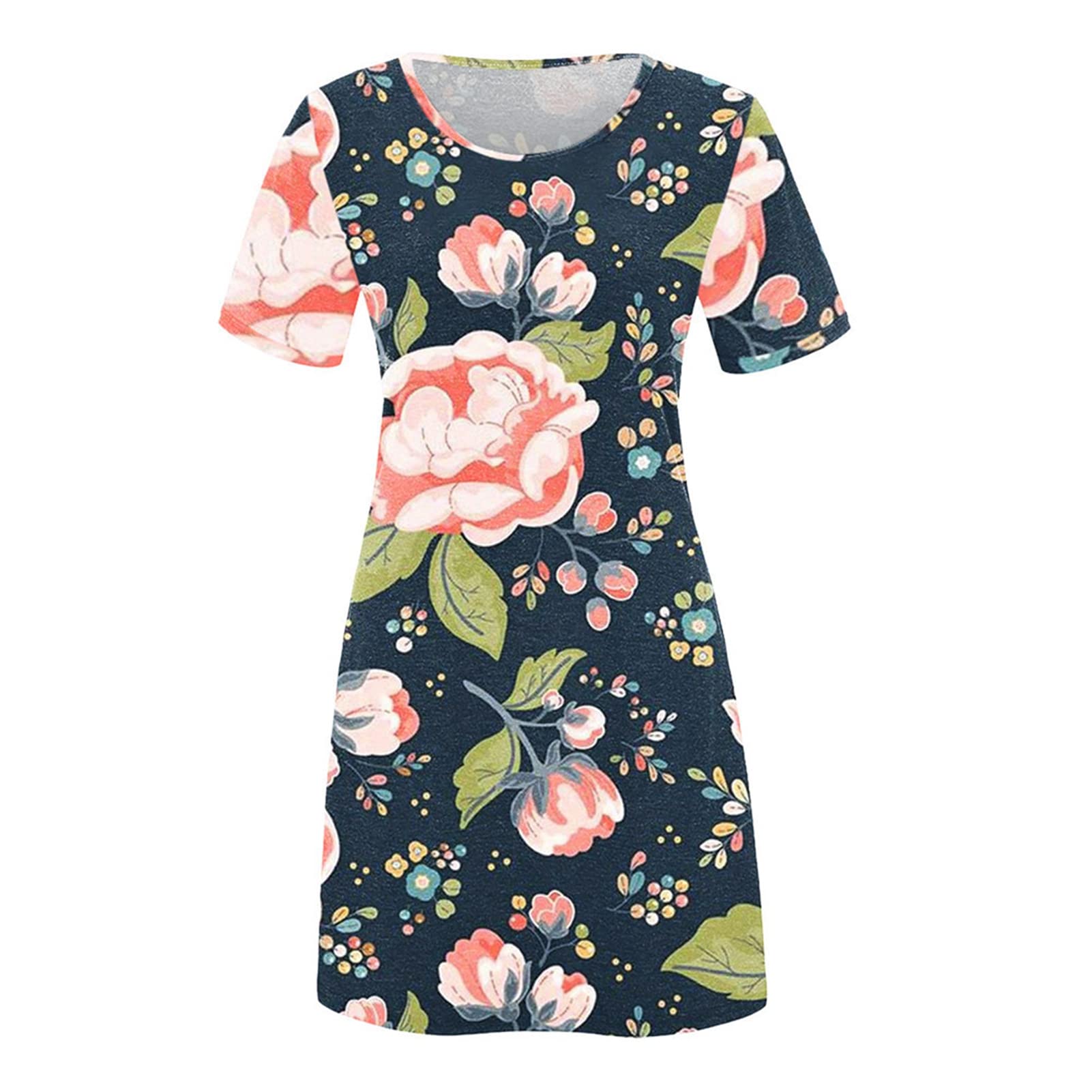 Floral Print Women's Summer Dress - Knee Length, Round Neck, Short Sleeve with Side Pockets | Perfect for Parties, Weddings & Outdoor Events