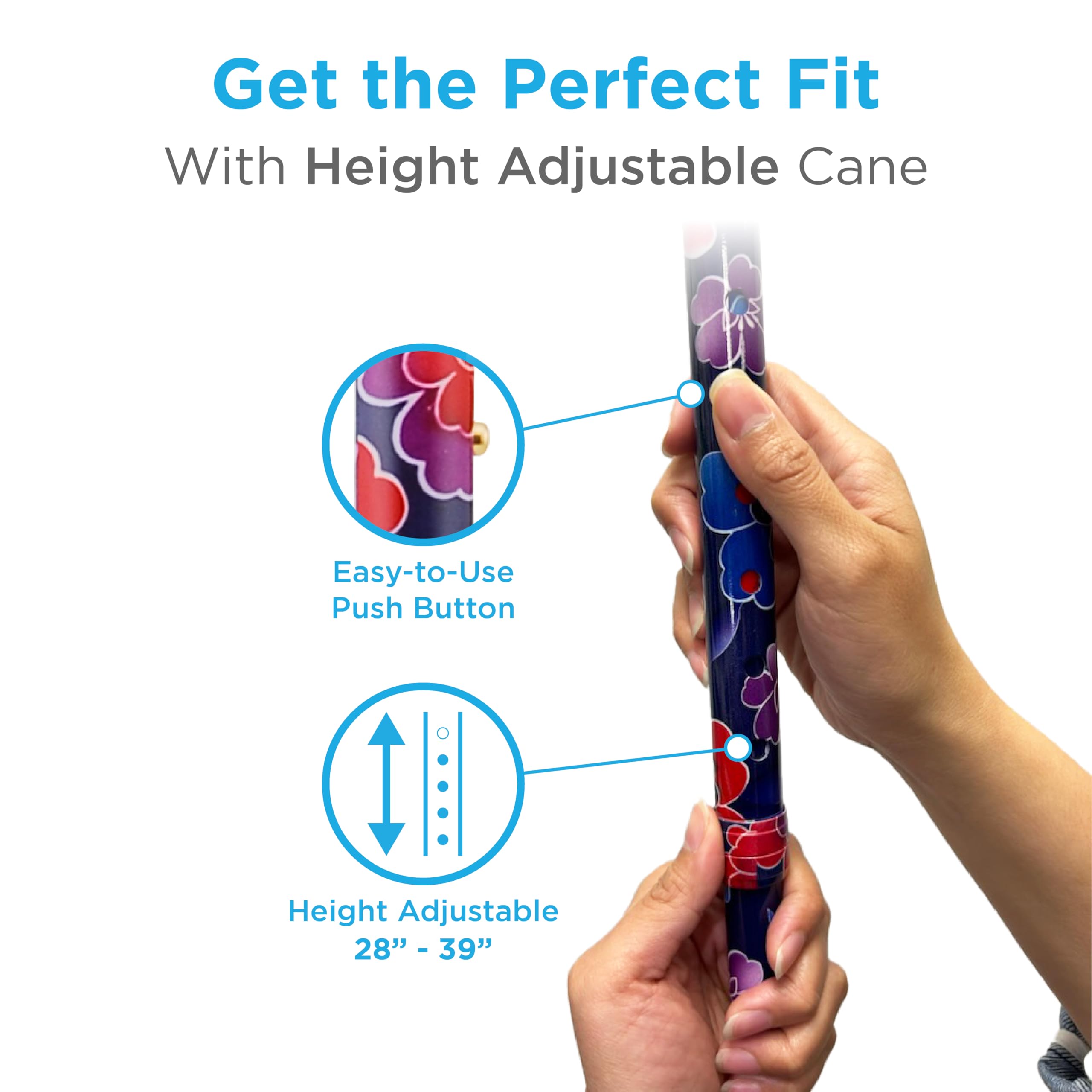 Lightweight Adjustable Walking Cane with Offset Handle - Maui Flowers Design - Comfortable Mobility Aid with Carrying Strap for Seniors & Travel - Ideal for Hiking, Daily Use & Recovery Support