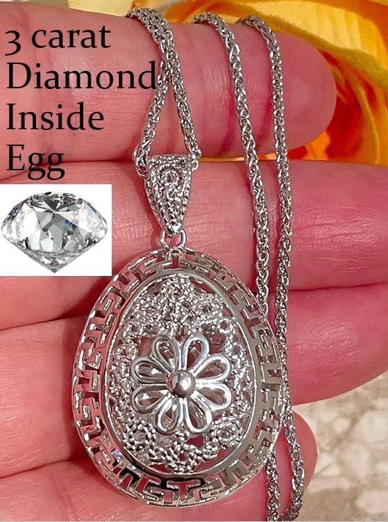 3 Carat Diamond Romanov Jewelry Russian Egg Necklace - 925 Sterling Silver Easter Egg Pendant (1.6