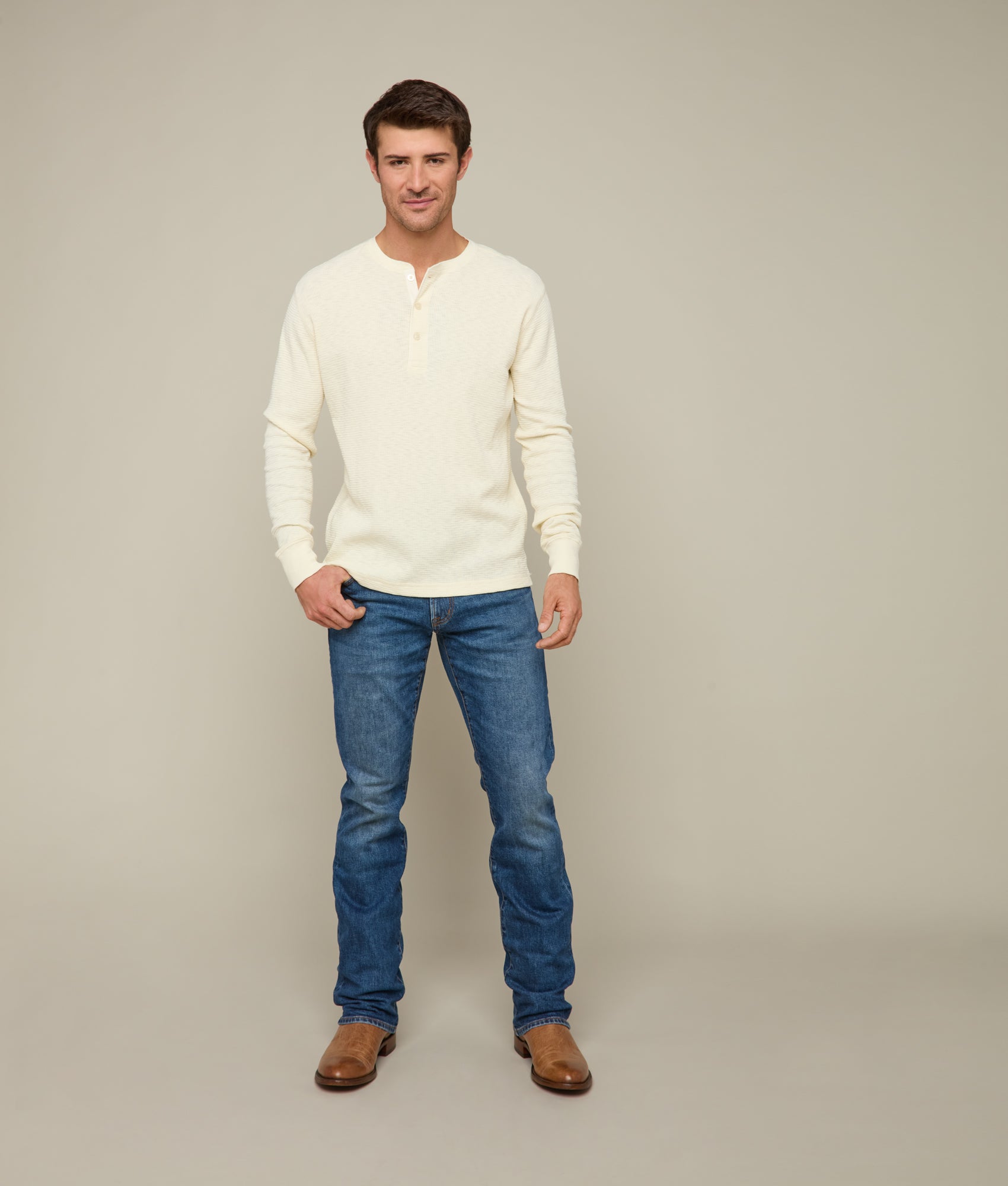 Waffle Henley Shirt for Men - Soft & Breathable Ecru Cotton Top | Perfect for Casual Wear, Layering & Outdoor Activities