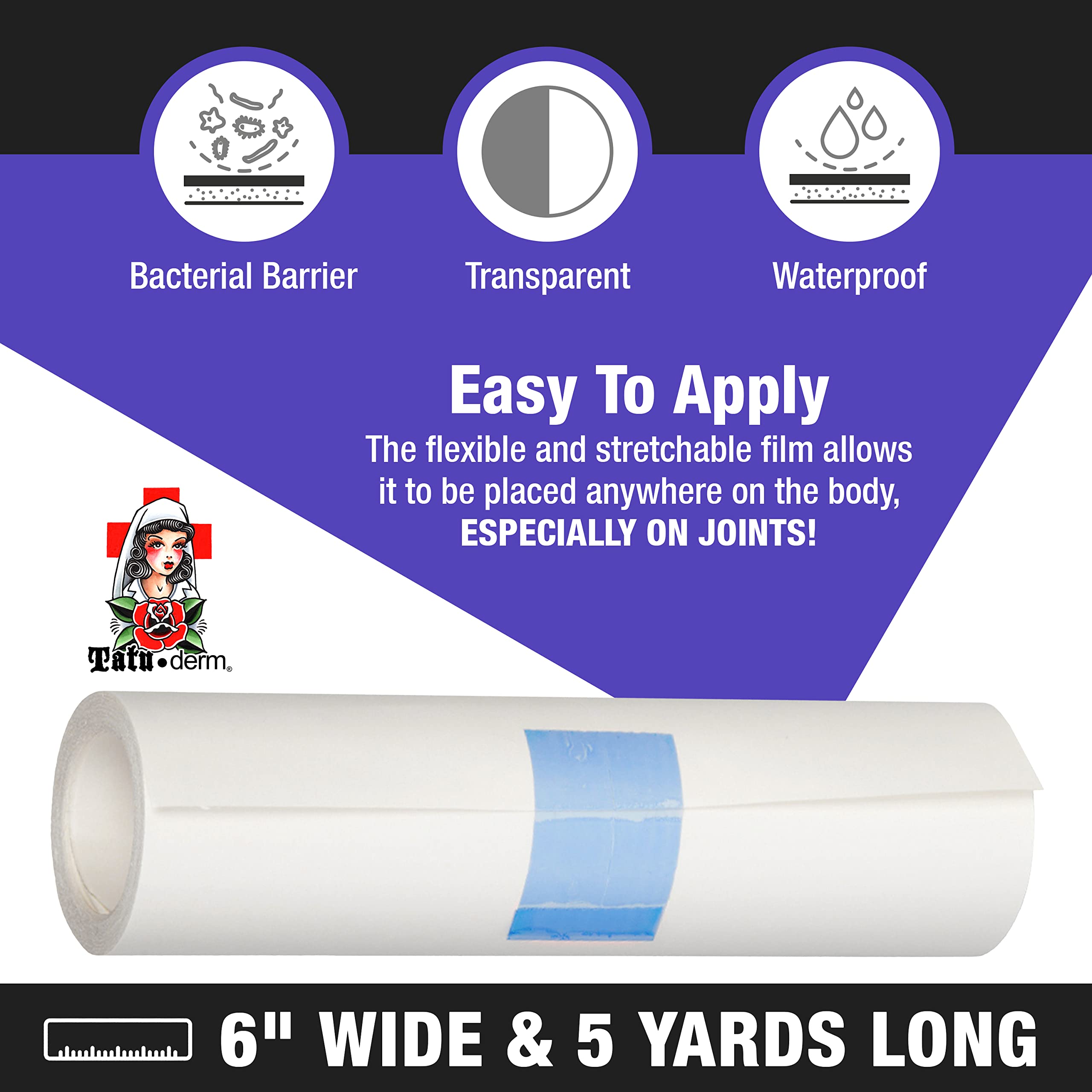 Tatu-derm® Waterproof Tattoo Aftercare Roll - Breathable Adhesive Barrier Film for Faster Healing & Protection | Made in USA | Ideal for Fresh Tattoos, Piercings & Skin Wound Care
