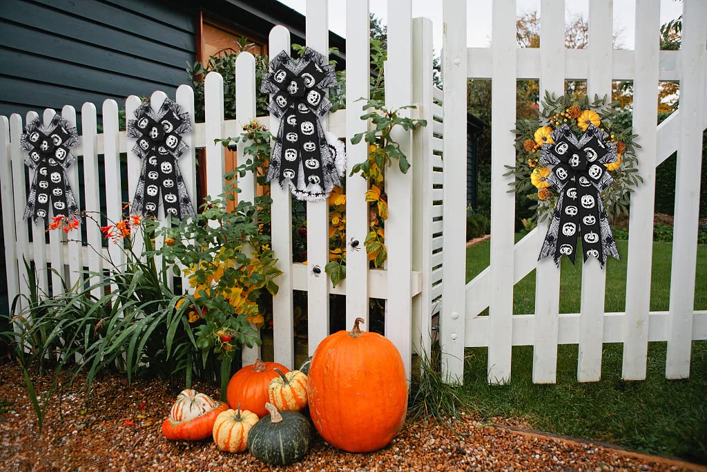 Large Halloween Bows for Wreaths - Black & Grey Burlap Spider Web Bows | Pumpkin Wreath Decor, Holiday Tree Topper & Front Door Party Decoration for Halloween Celebrations