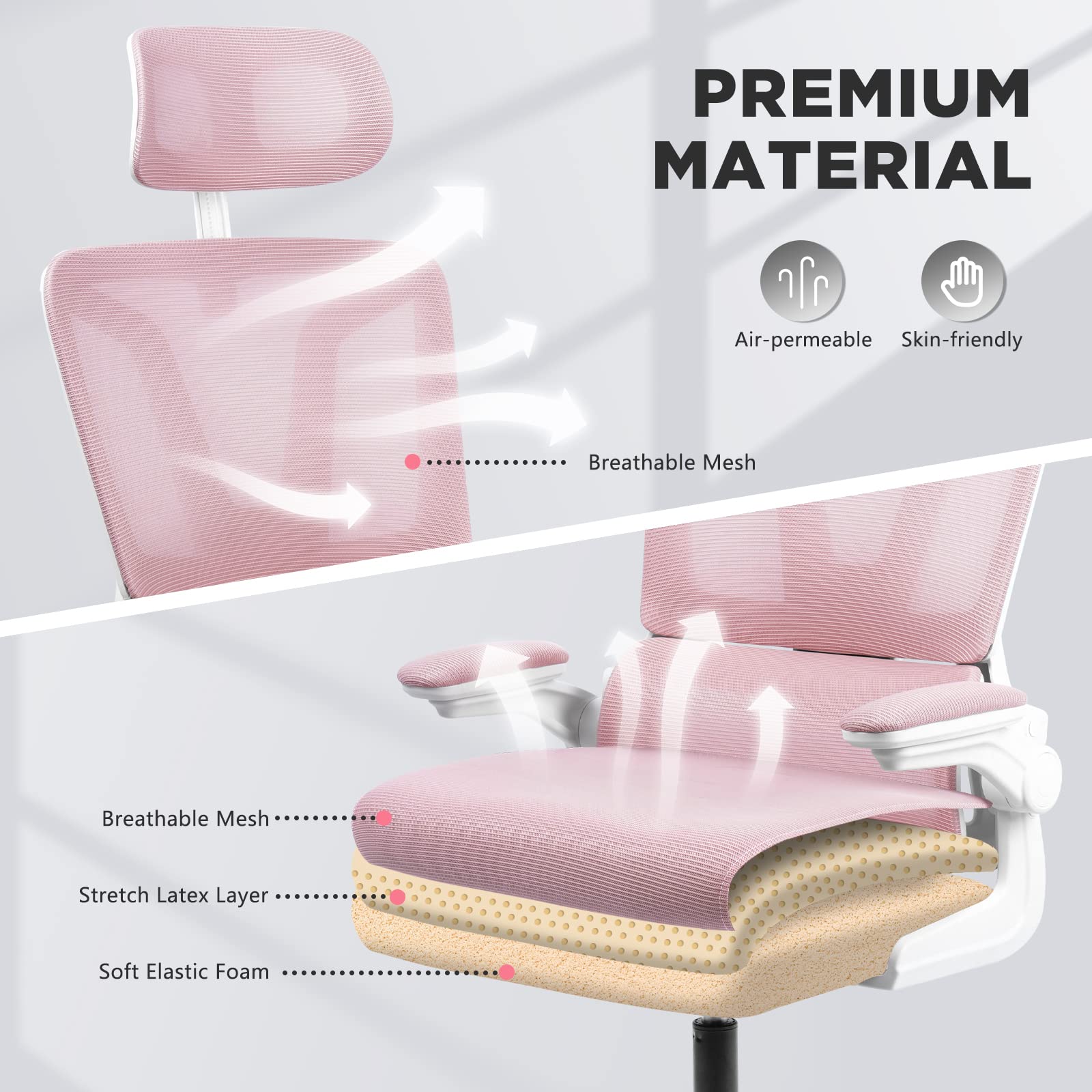 Soontrans Pink Ergonomic Office Chair with Lumbar Support Pillow - Adjustable Mesh Computer Chair with Headrest & Armrests - Comfortable Swivel Desk Chair for Home Office, Gaming & Workspace