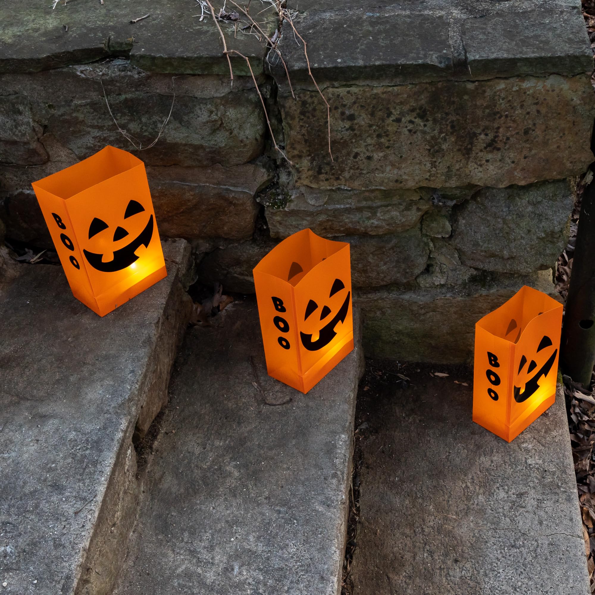 79906 Battery Operated Timer Luminaria Kit - Orange Jack O'Lantern Halloween Decorations for Indoor Outdoor Home Party Yard Decor