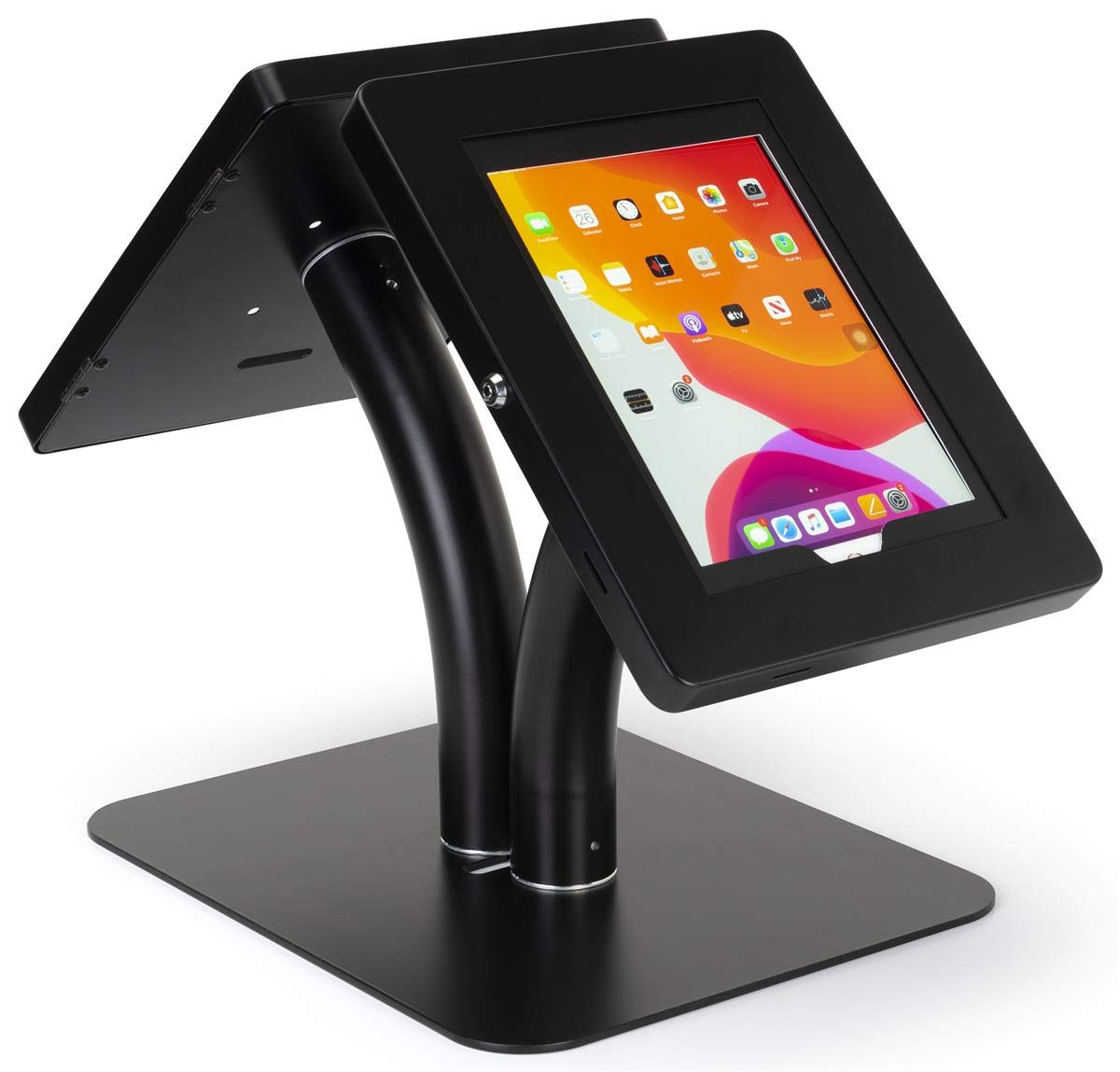 Dual Tablet Floor Stand with Locking Enclosure - Adjustable Countertop Mount for iPad & Android Tablets - Black (IPEVRFL2BK) - Perfect for Retail Stores, Restaurants & Interactive Kiosks