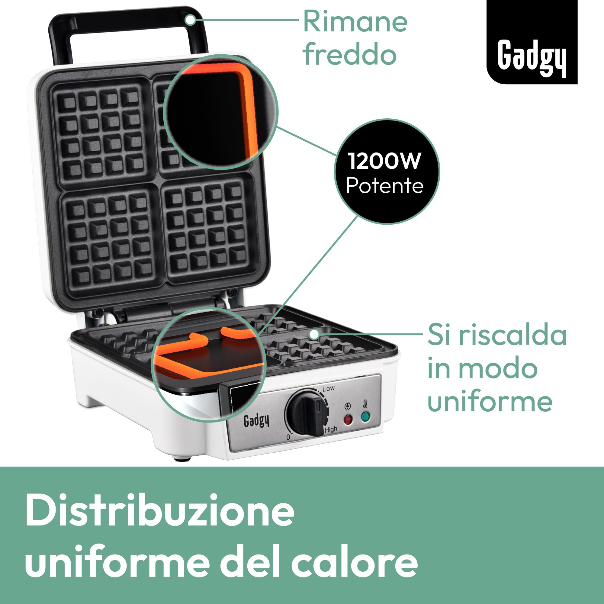 **Gadgy Belgian Waffle Maker - Non-Stick Coating - 1200W - Perfect for 2 Brussels Waffles - Ideal for Breakfast, Brunch & Desserts**
