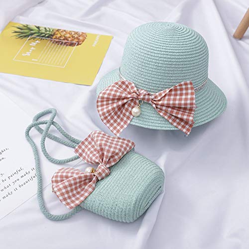 Cute Girls Straw Sun Hat with Shoulder Bag 2-Piece Set - Princess Bow Beach Hat for Summer, Tour, Party & Outdoor Activities (Color: Blue) - Perfect for Beach Vacations, Pool Parties & Family Outings