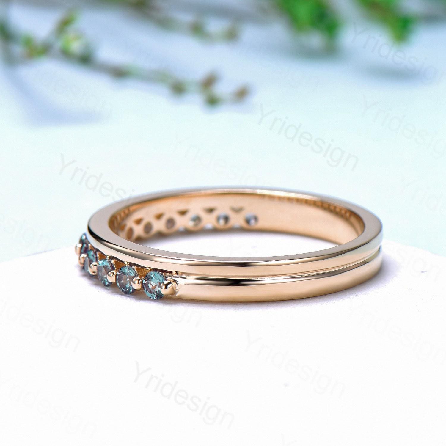Alexandrite Half Eternity Wedding Band for Women - Stackable Art Deco Ring in Yellow Gold - Anniversary & Wedding Gift - Perfect for Bridal Sets, Stacking Rings & Special Occasions