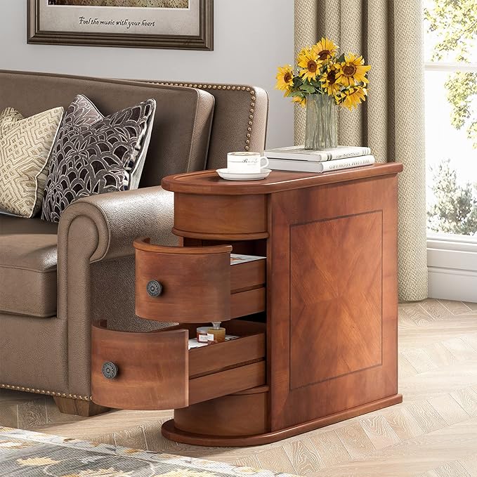 2 Drawers End Table - Solid Wood Nightstand with Storage, Small Side Table for Living Room, Bedroom, Office - Perfect for Holding Lamps, Books & Decor