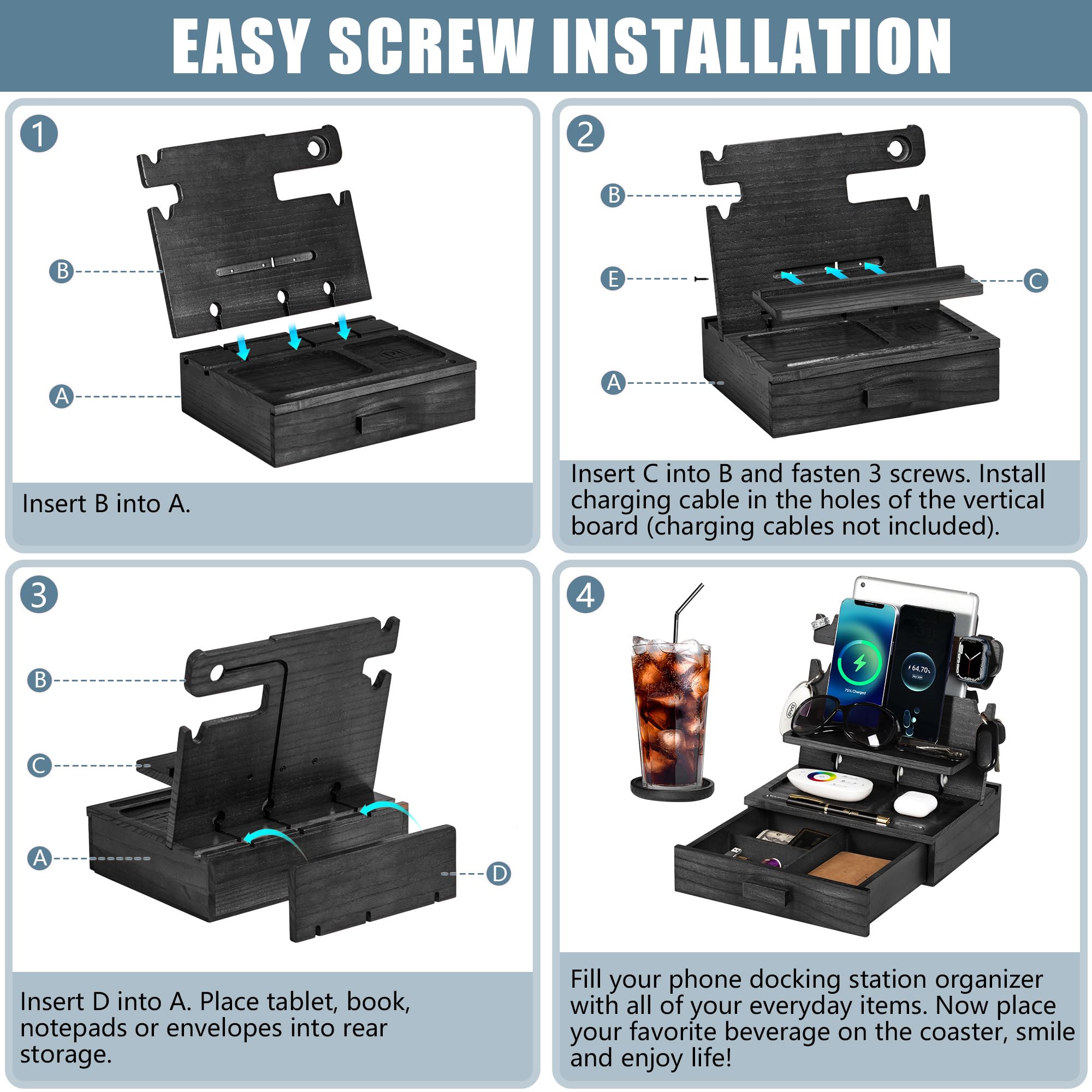 Black Wood Phone Dock for 3 Phones - Nightstand Organizer for Phones, Keys, Watches - Perfect for Bedroom & Office