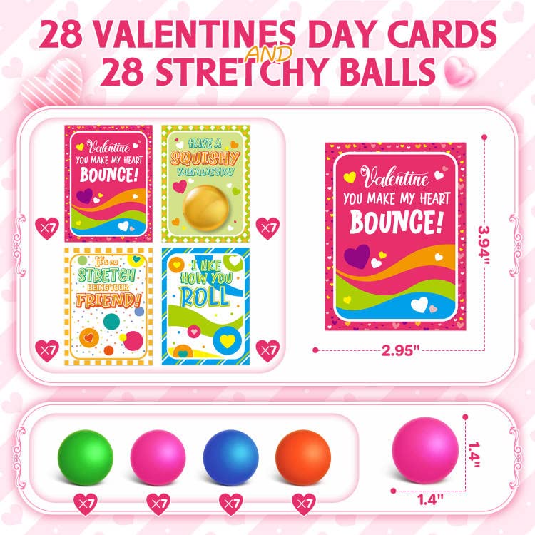 28 Pack Valentine's Day Cards for Kids with Stretchy Ball Set - Sensory Squeeze Fidget Toys for Classroom Exchange, Party Favors & Stress Relief (Great for Valentine's Gifts, School Activities & Anxiety Relief)