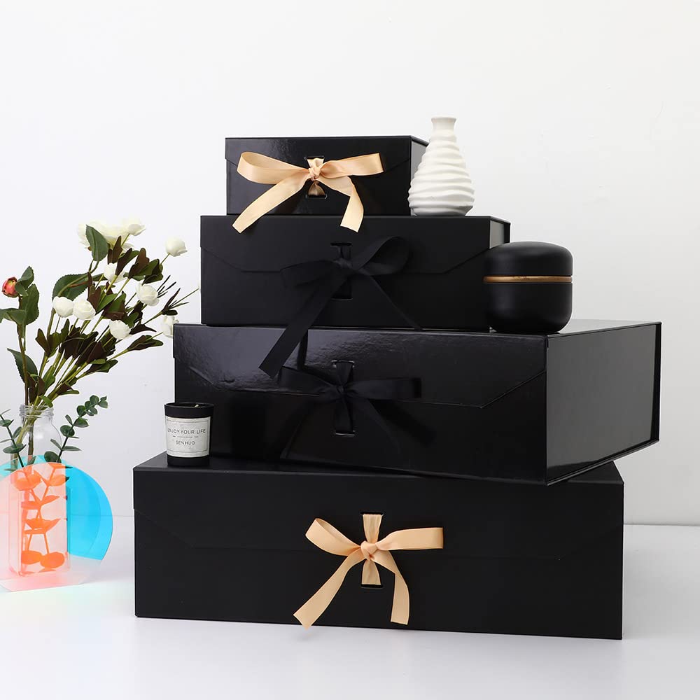 Extra Large 19x16x6 Inch Matte Black Gift Box with Ribbon & Magnetic Closure - Wedding Gown Storage, Groomsman Proposal Box, Collapsible Rectangle Gift Box for Bridal Party, Anniversary & Special Occasions