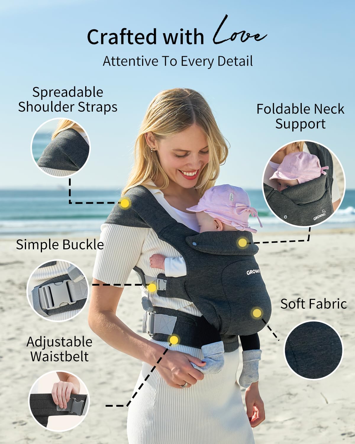 GROWNSY Ergonomic Baby Carrier - Soft & Cozy Infant Wrap for Newborn to Toddler with Head Support - Deep Grey - Perfect for Hands-Free Parenting, Shopping & Outdoor Adventures