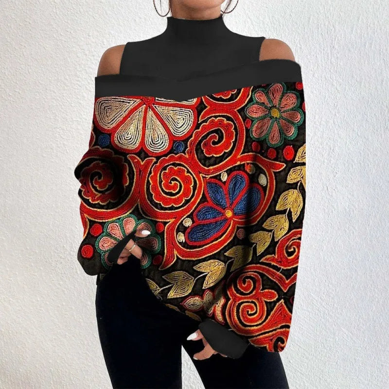 2024 Women's Long Sleeve Turtleneck Tops - Sexy Off Shoulder Hollow Out Loose Print T-Shirt | Autumn Fashion Casual Wear for Date Night, Office & Weekend Outfits
