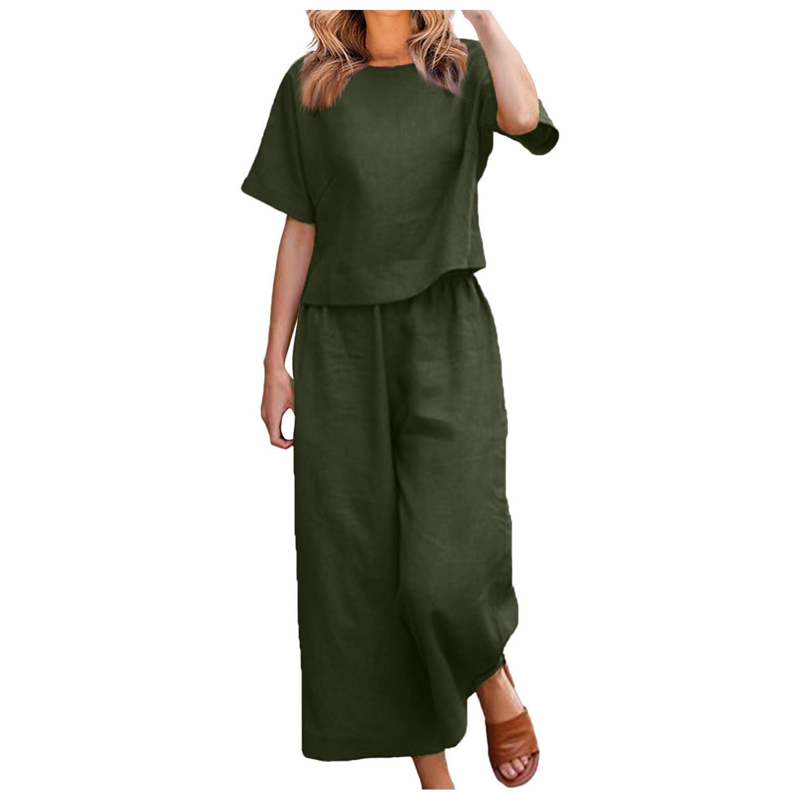 Binmer Women's 2-Piece Linen Lounge Set - Summer Short Sleeve Top with Belted Wide Leg Pants | Comfortable Jogger Outfit for Home, Travel & Casual Wear