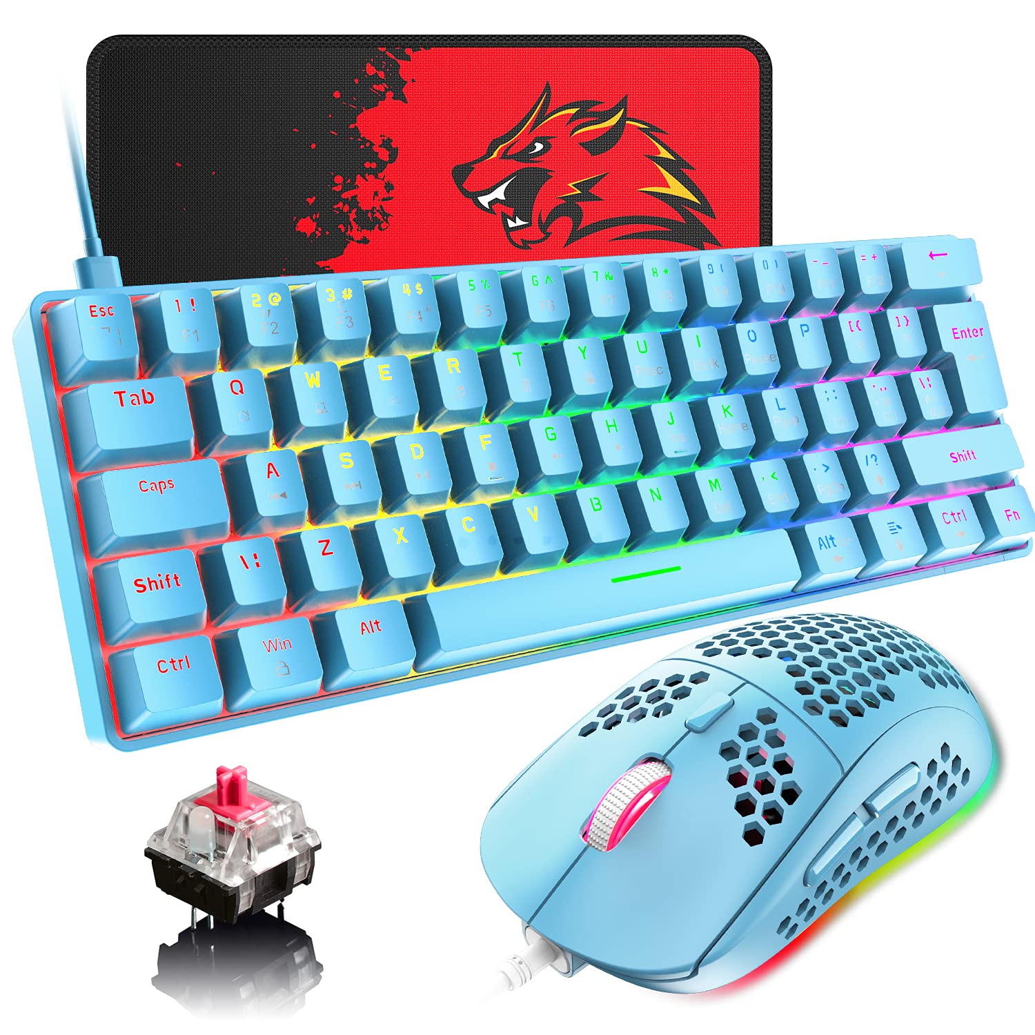 60% Wired Mechanical Gaming Keyboard with Rainbow LED Backlit - Compact TKL Design, Linear Red Switches, RGB Mouse 6400 DPI - Programmable for PC Gaming, Office Typing & Esports (Blue) - Perfect for Competitive Gaming, Work from Home & Late-Night Typing Sessions
