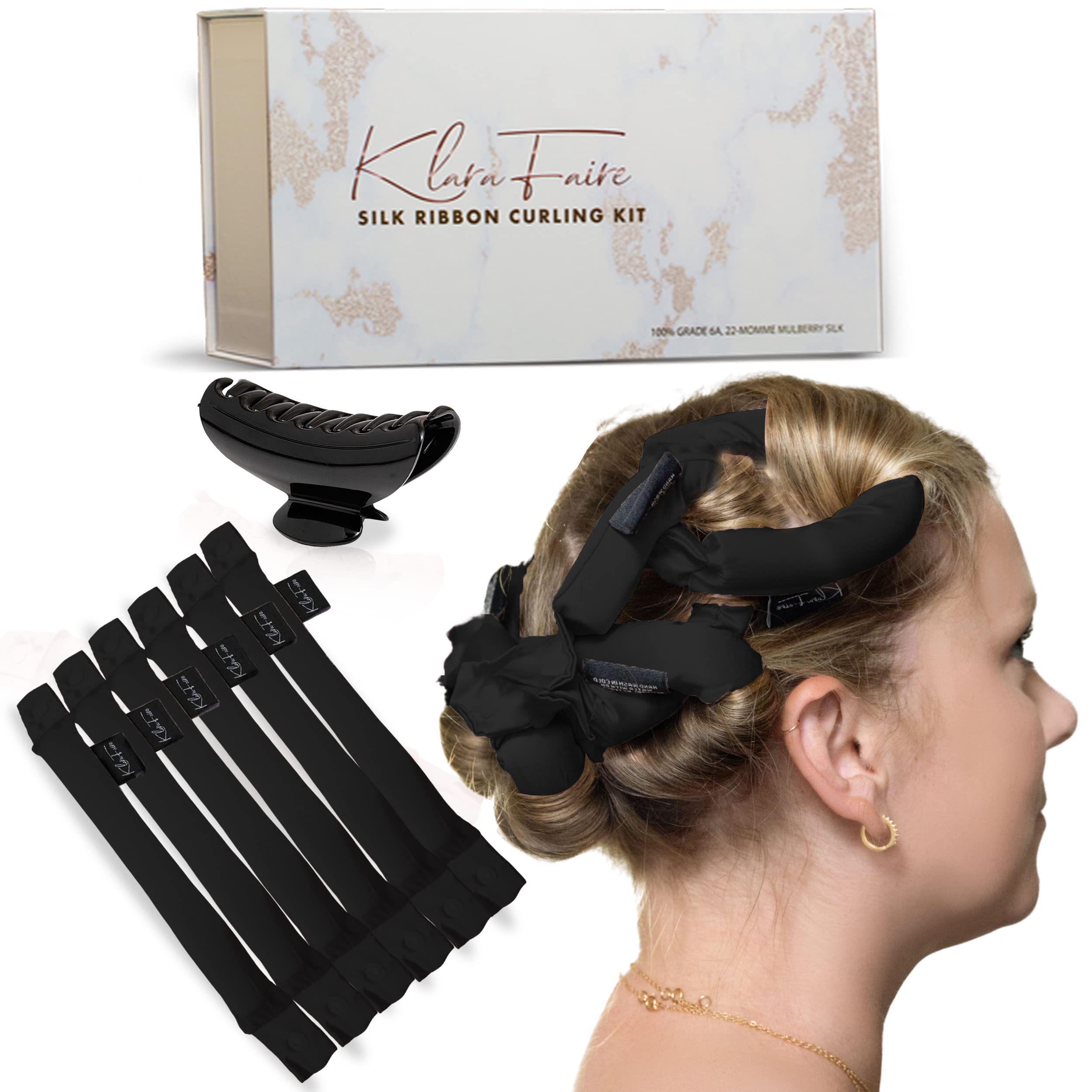 Heatless Hair Curling Set - 6Pc Silk Flexi Rods with Headband for Overnight Long Lasting Curls | No Heat Hair Styling Tools for Natural Waves | Perfect for Home, Travel & Special Occasions (Royal Black)