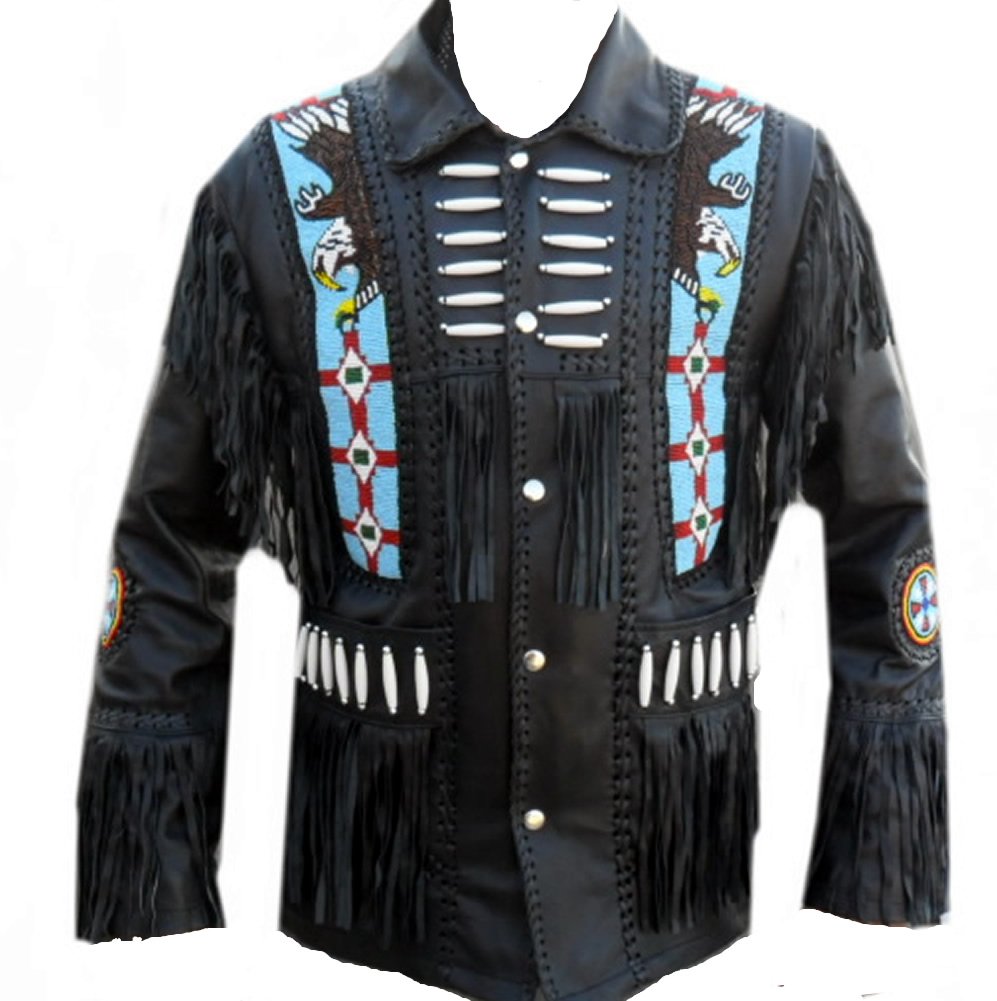 Classyak Western Cowboy Genuine Cowhide Leather Jacket with Fringe, Beads & Bone Decor - Perfect for Rodeo, Country Music Festivals & Western Fashion