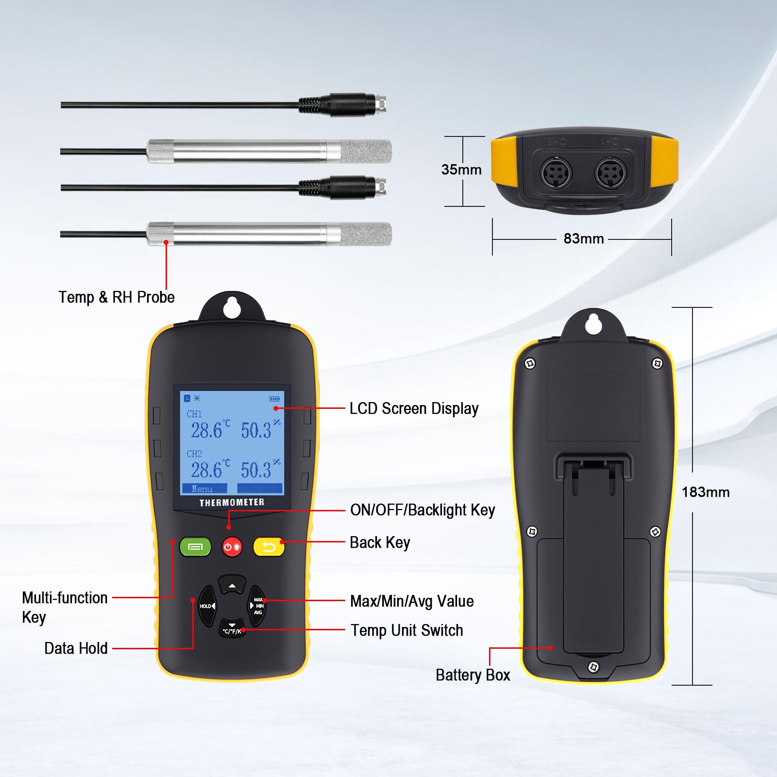 Dual Channel Temperature and Humidity Data Logger with USB Probe - Industrial Handheld Thermometer Hygrometer with Auto Report & Sound Alarm for Greenhouse, Freezer, Warehouse, and Lab Monitoring